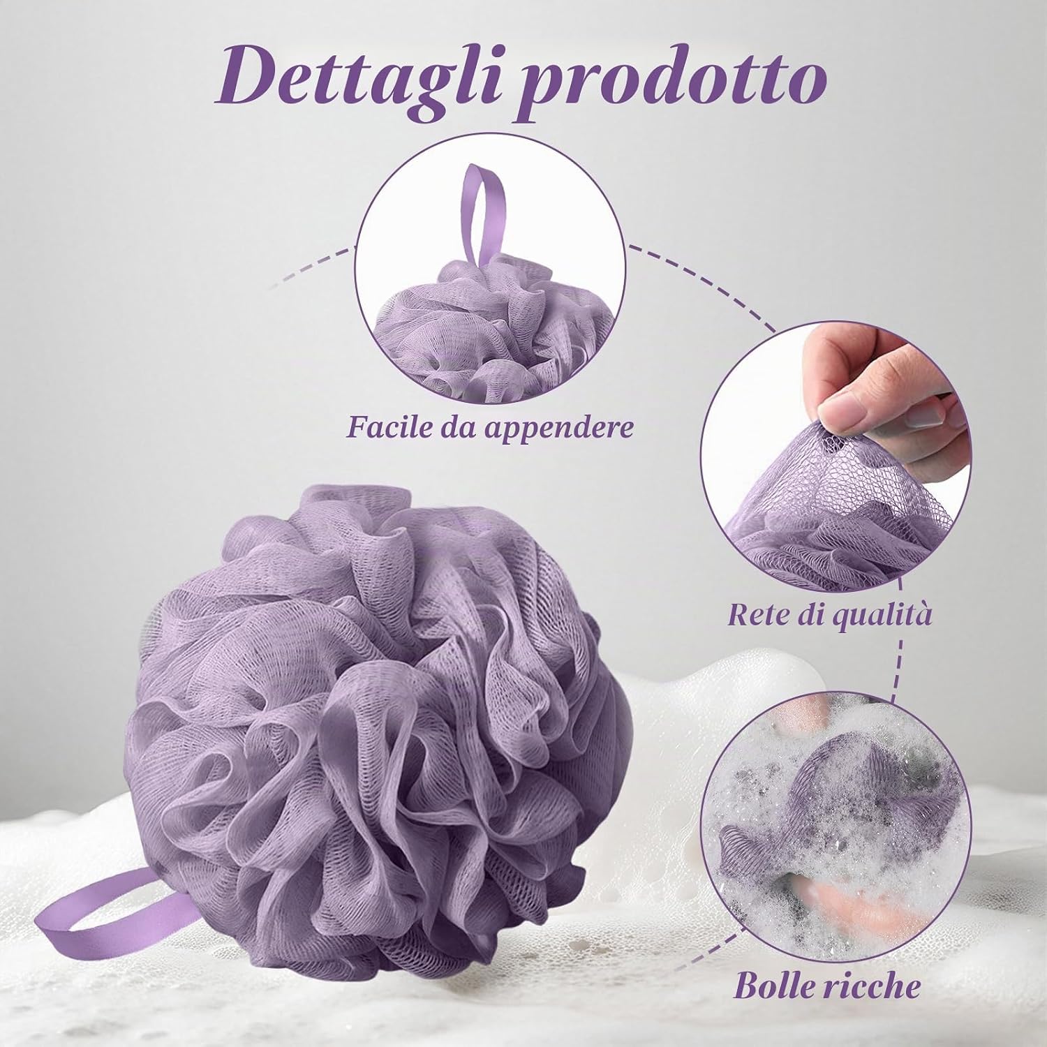 Detalle de flintronic 4 Pezzi Spugna Doccia 50 g – Palla Doccia in Tessuto a Rete, Esfoliante e Morbido, con Cordino