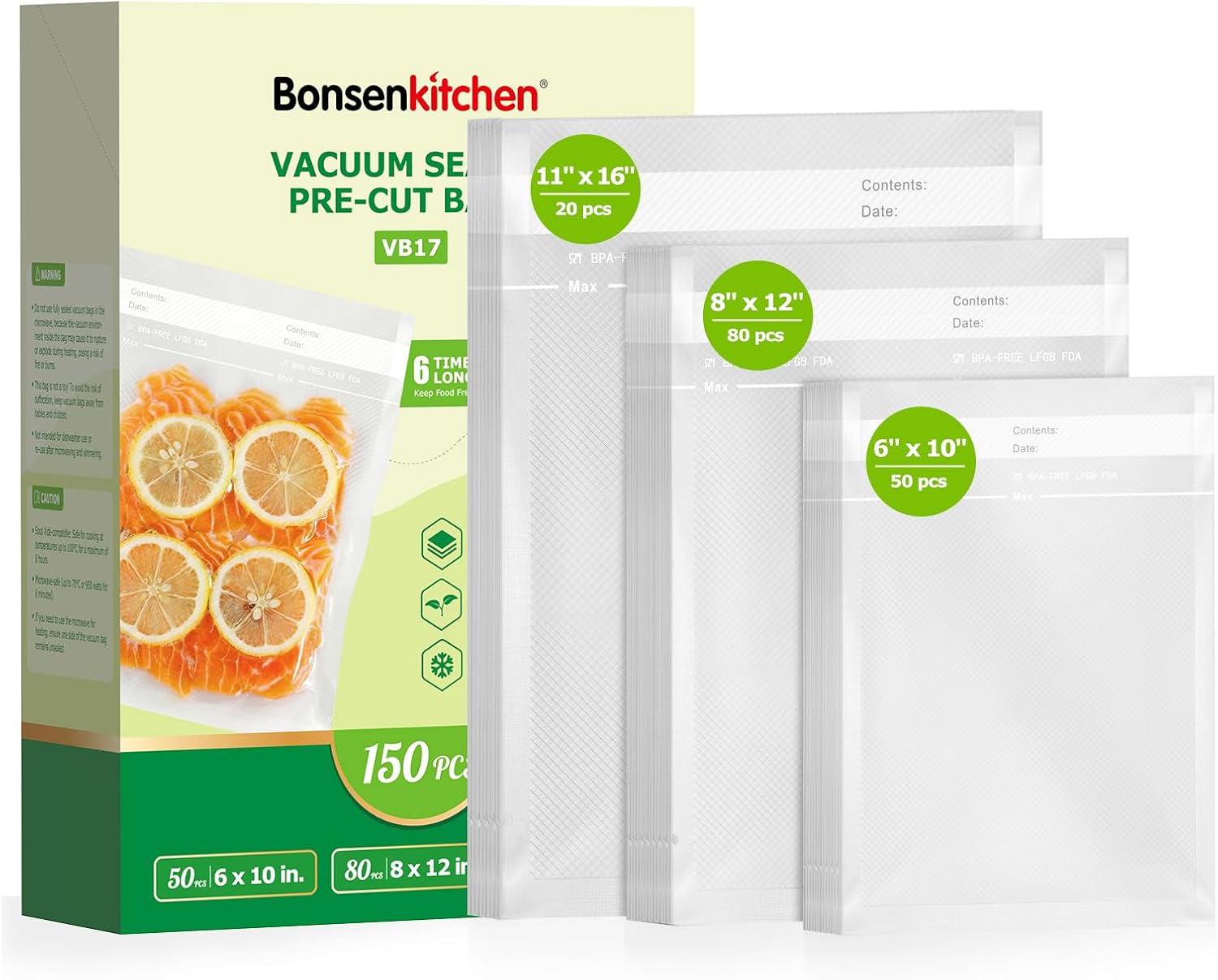 Detalle de Bonsenkitchen VB17 Vacuum Sealer Bags, 150 Precut Bags in 3 Sizes