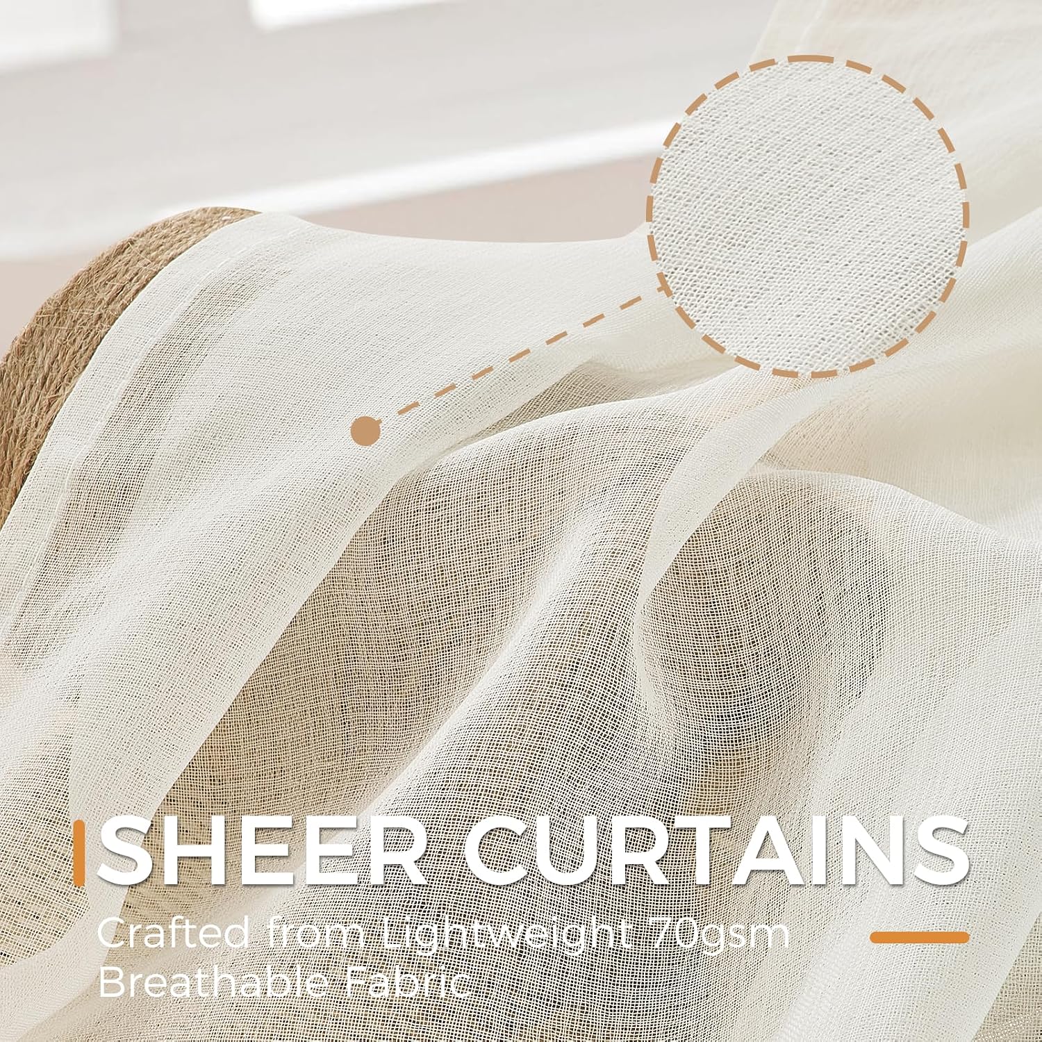 Detalle de MRTREES Off-White Voile Curtains with Rod Pocket (2 Panels) – 46 x 54 Inches, 70GSM Semi-Sheer
