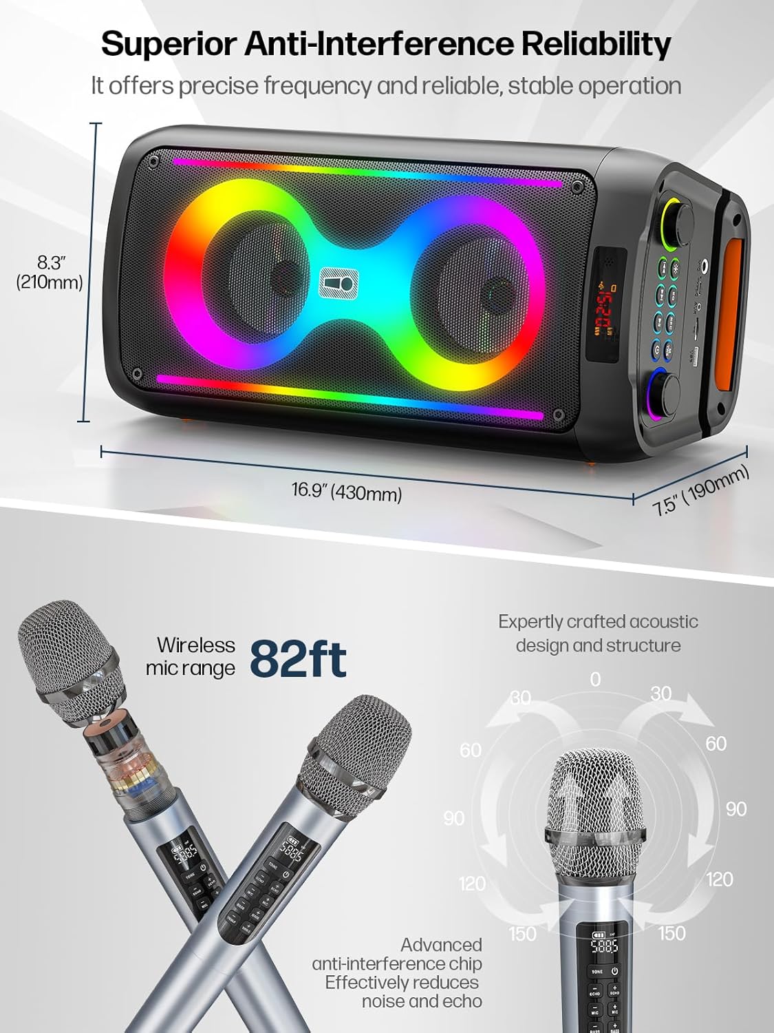 Detalle de Karaoke Machine for Adults with 2 Wireless Microphones — Portable Bluetooth Speaker with LED Lights
