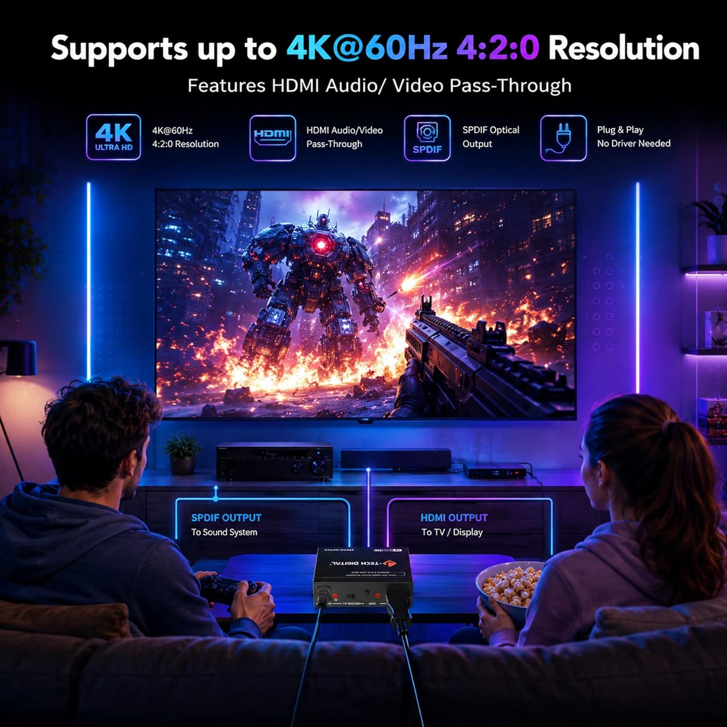 Detalle de J-Tech Digital HDMI Audio Extractor 4K 60Hz with ARC Support (JTECH-AE4KA)