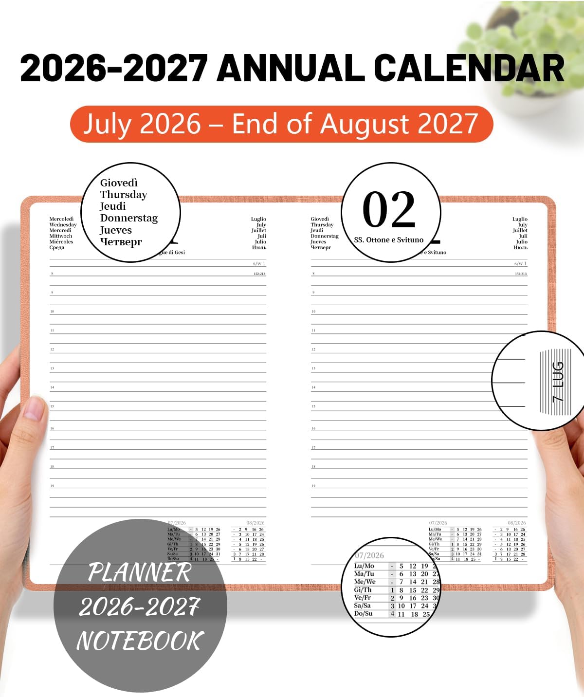 Detalle de HW CASA Agenda Giornaliera 2026/2027 A5 – Diario multilingue con etichette mensili 3D, PU e carta di alta qualità