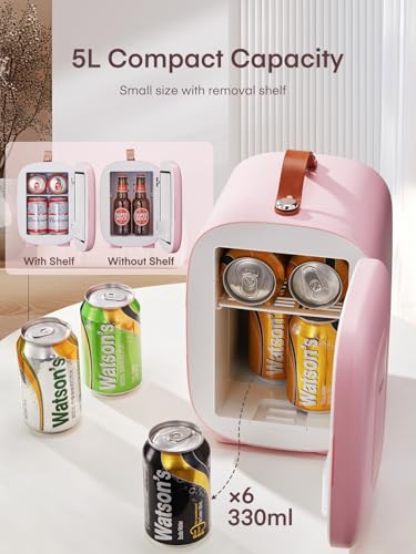Detalle de FOHERE Mini Nevera 5L Rosa: portátil, silenciosa y versátil para dormitorio, coche y oficina