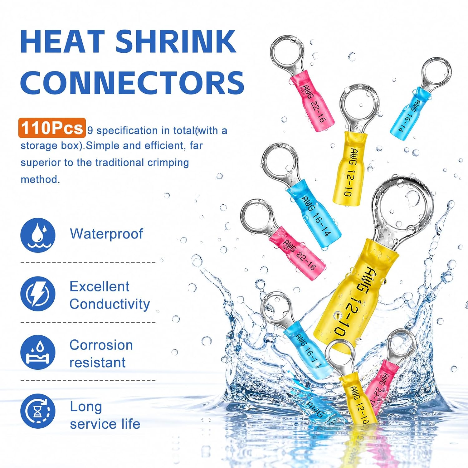 Detalle de Tnisesm Heat Shrink Style 110-Piece Ring Terminal Kit, Waterproof Crimp Connectors