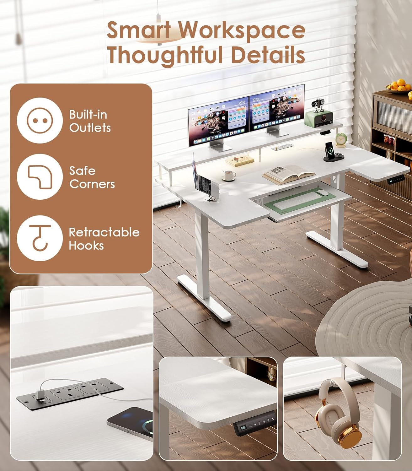 Thumbnail 6 de OffiGo Standing Desk 140cm U‑Shaped Height Adjustable Desk with Monitor Stand and RGB Lighting