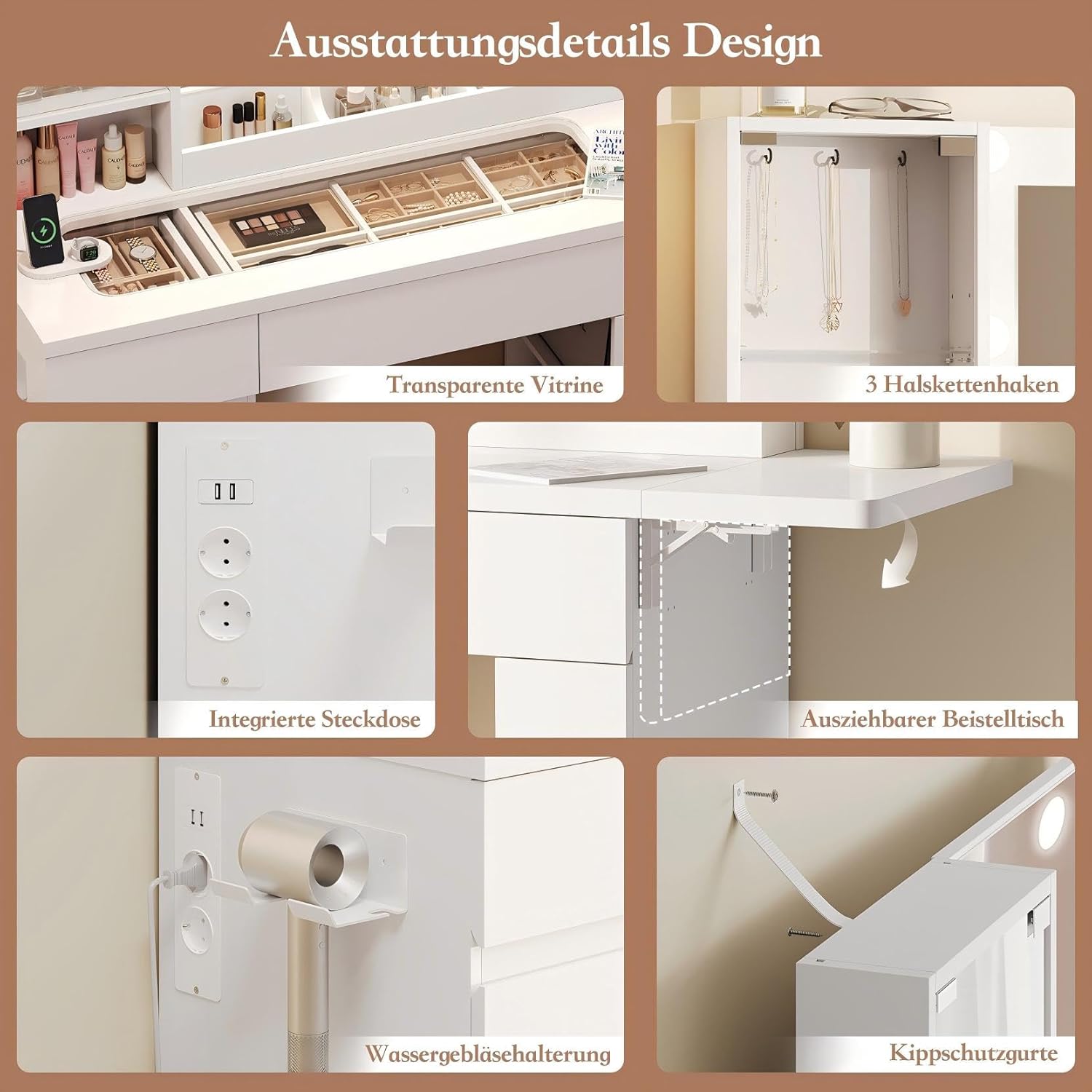 Thumbnail 3 de Dripex coiffeuse 115 cm blanche avec miroir éclairé et prises intégrées, plateau en verre