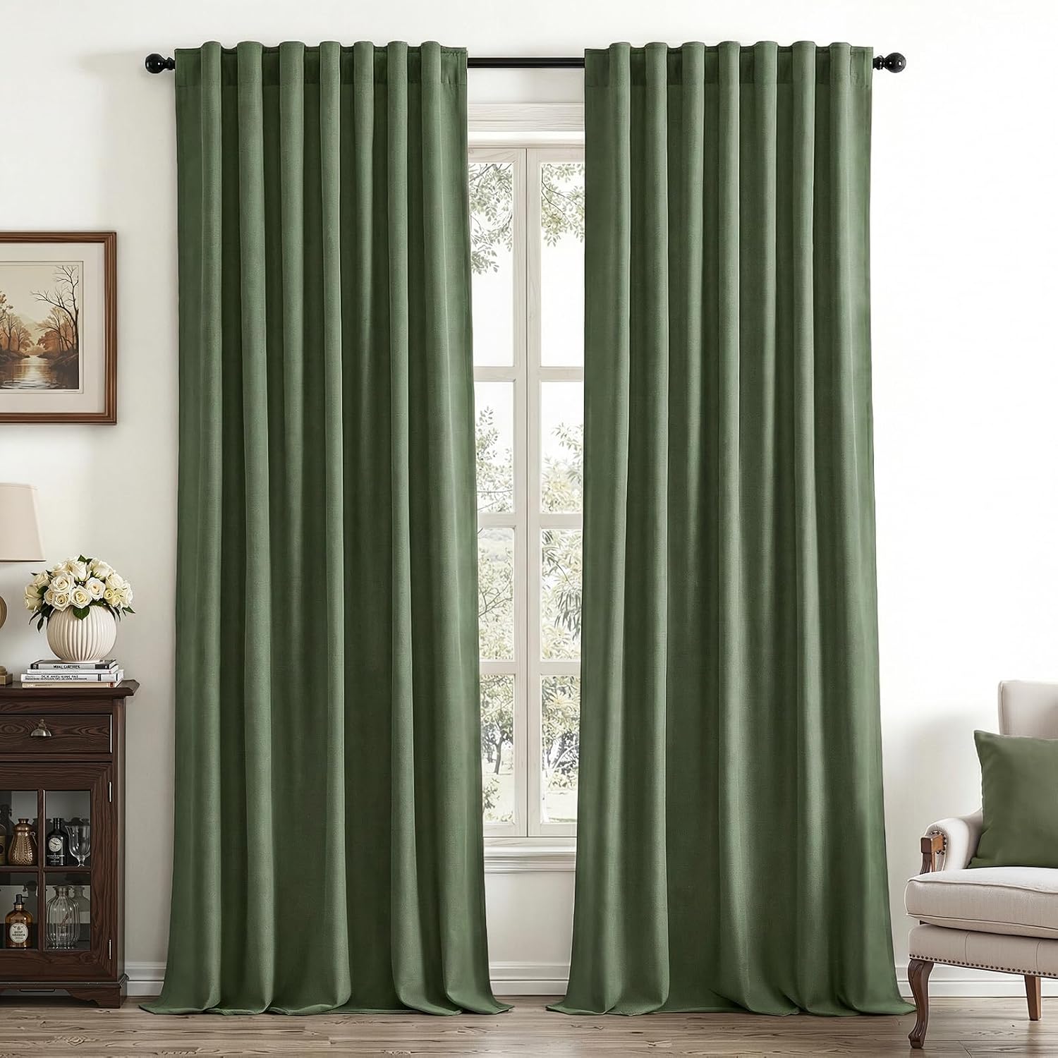 Detalle de Drapenova RBPPCL227 Olive Green Linen-Blend Curtains, 52 x 96 in, Back Tab