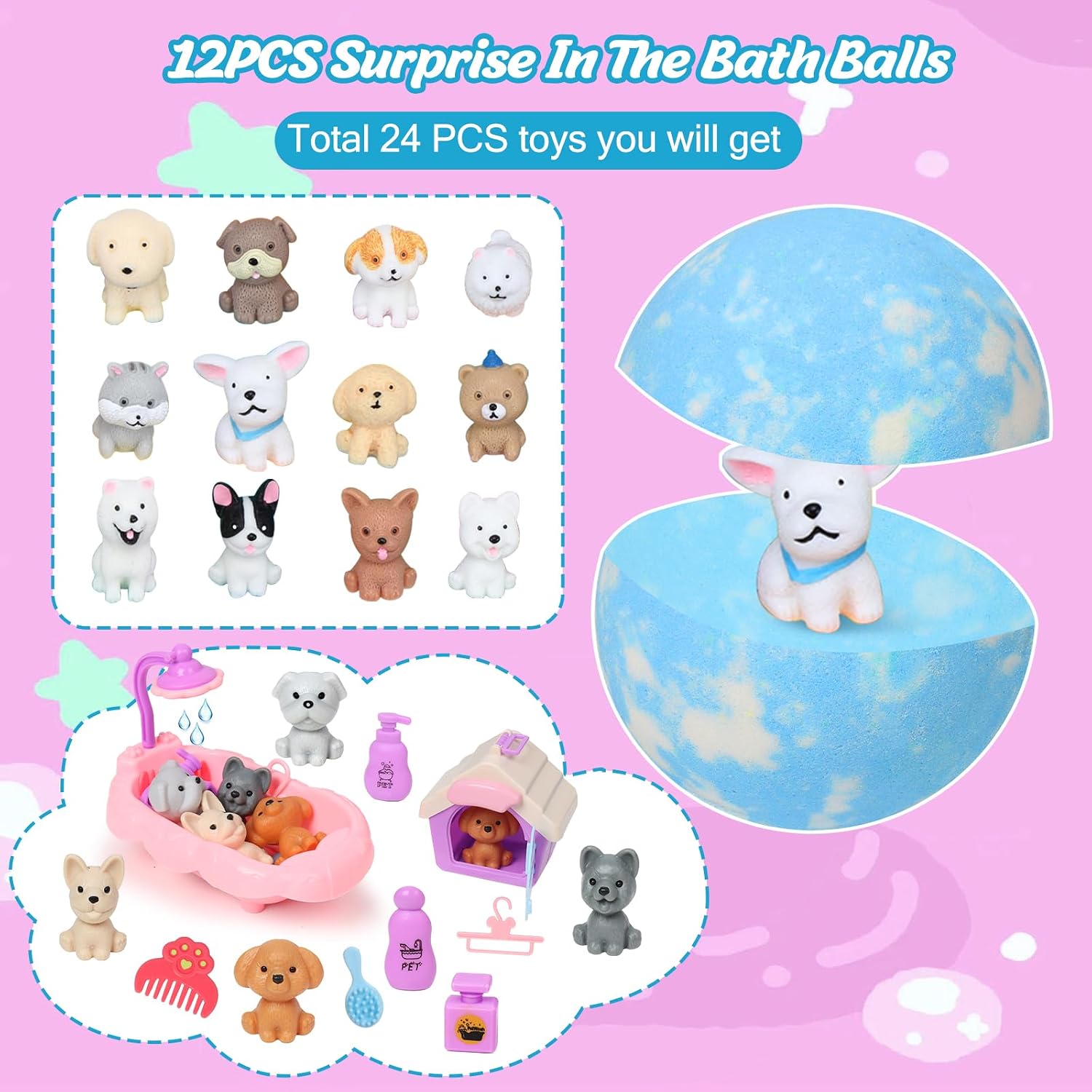 Detalle 2 de Bath Bombs for Kids with Toys Inside: 12-Pack Bubble Bath Fizzies with Surprise Dog Playset