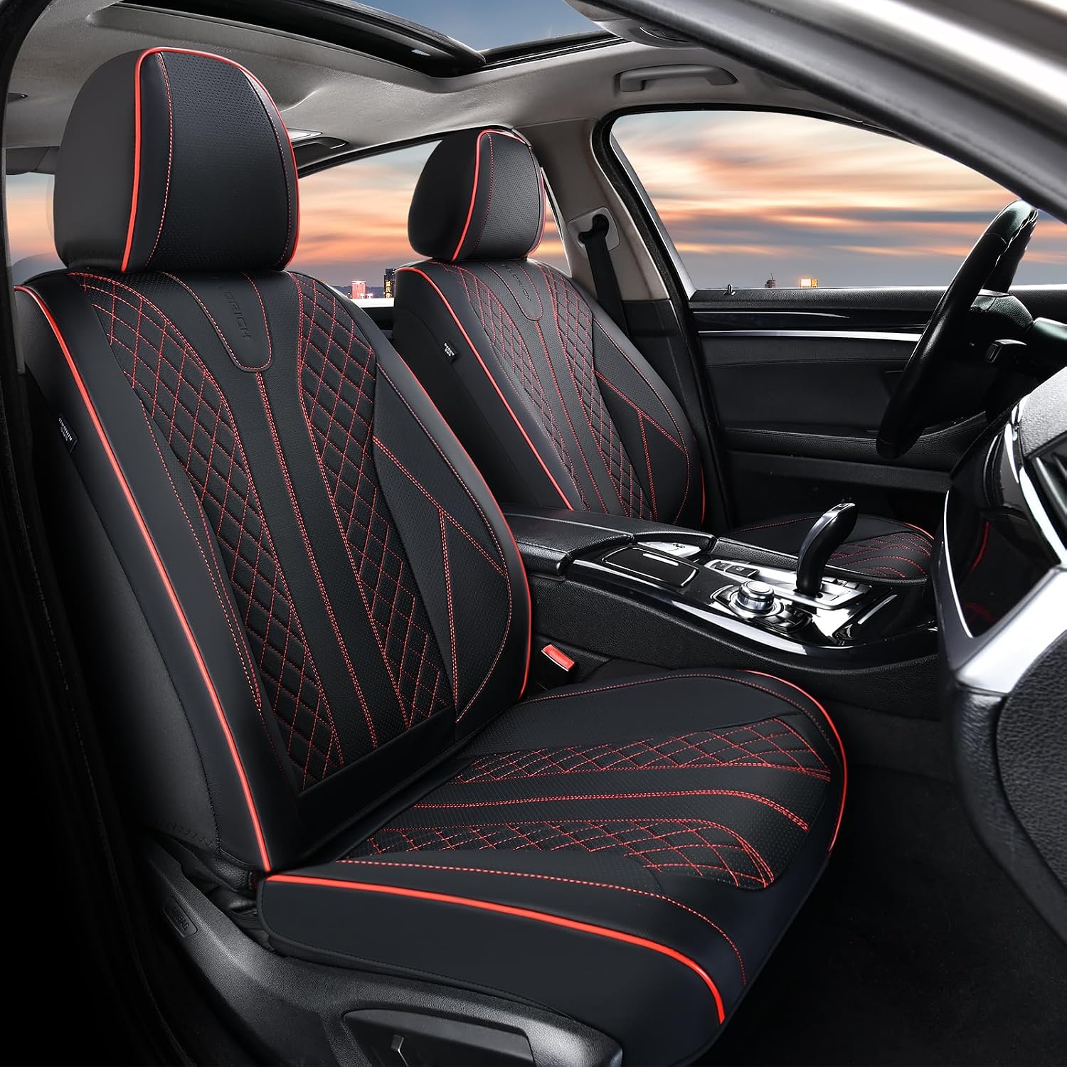 Detalle 2 de FLORICH Leather Seat Covers (Front & Rear) for 5 Seats — Universal Fit, Waterproof Faux Leather, Black & Red Line