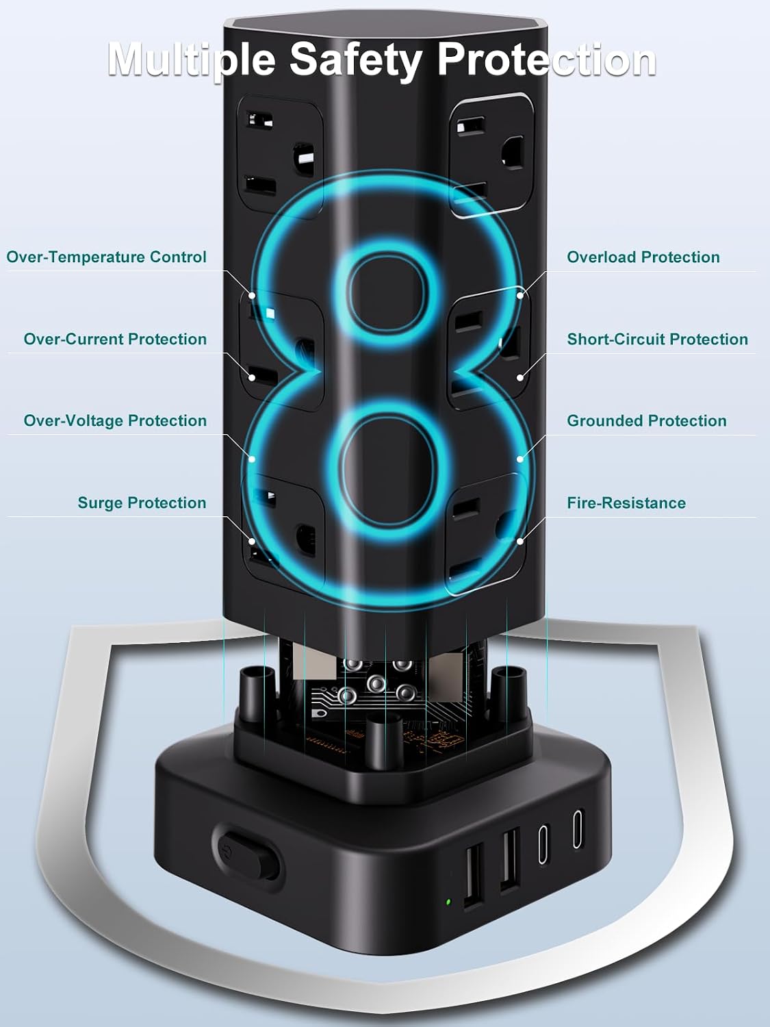 Detalle 2 de Power Strip Tower Surge Protector: 16-in-1 Desktop Charging Station with 12 AC Outlets and 4 USB Ports (2 USB-C) - 6ft Long