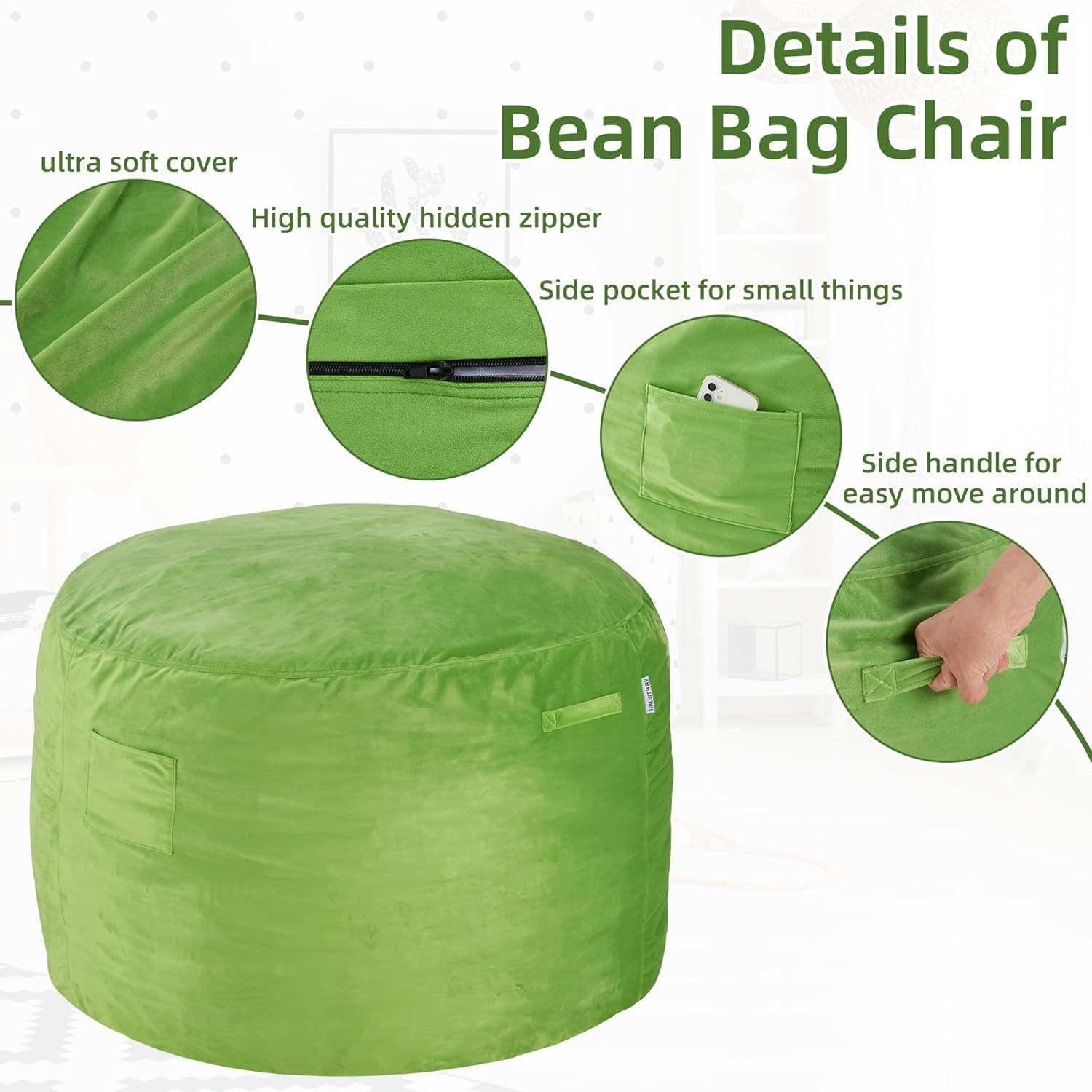 Detalle 2 de HABUTWAY 62-043-Green 3FT Bean Bag Chair, Velvet Cover, Foam-Filled