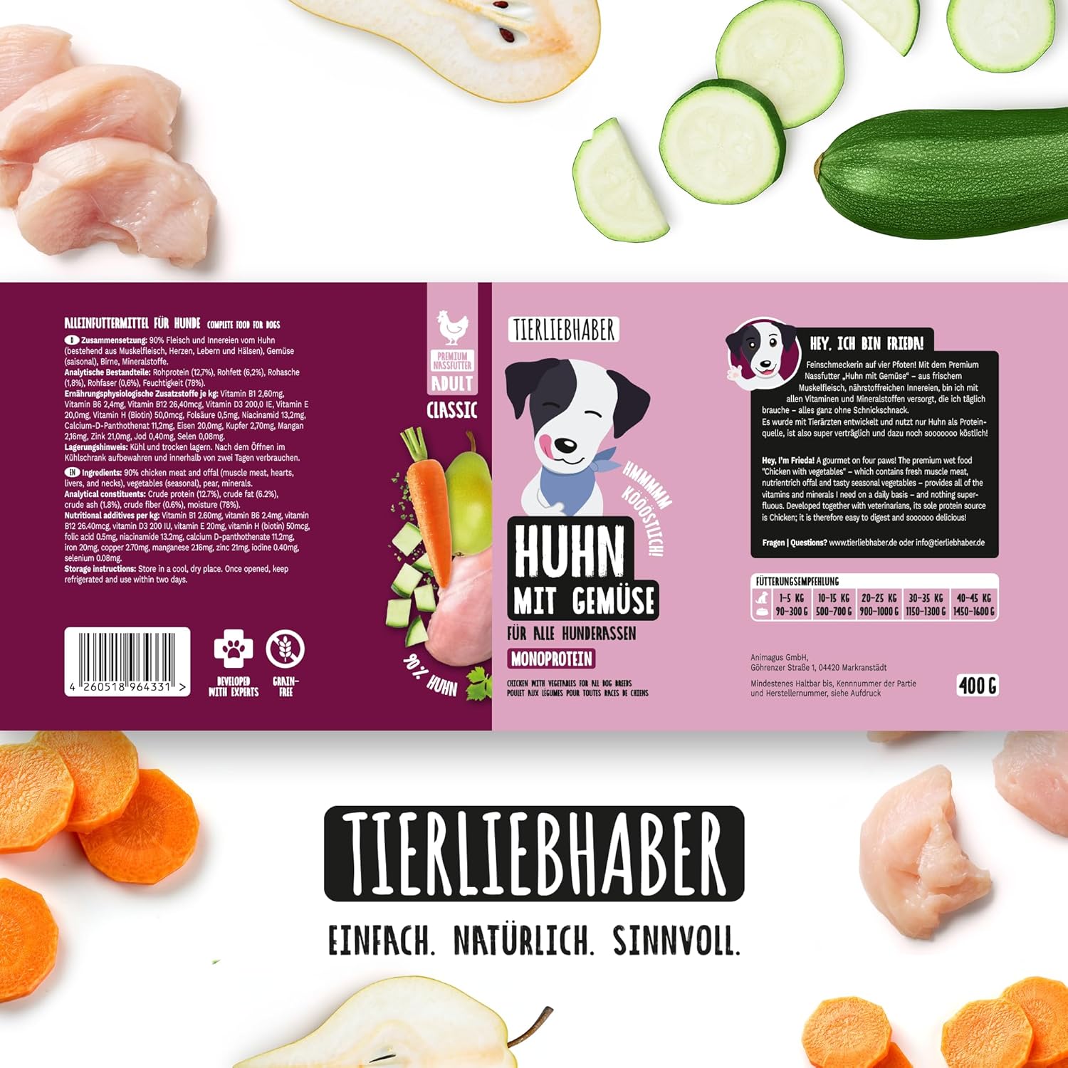 Thumbnail 6 de TIERLIEBHABER Nassfutter für Hunde Probierpaket 8x400 g (Huhn mit Gemüse) – von Tierärzten entwickelt