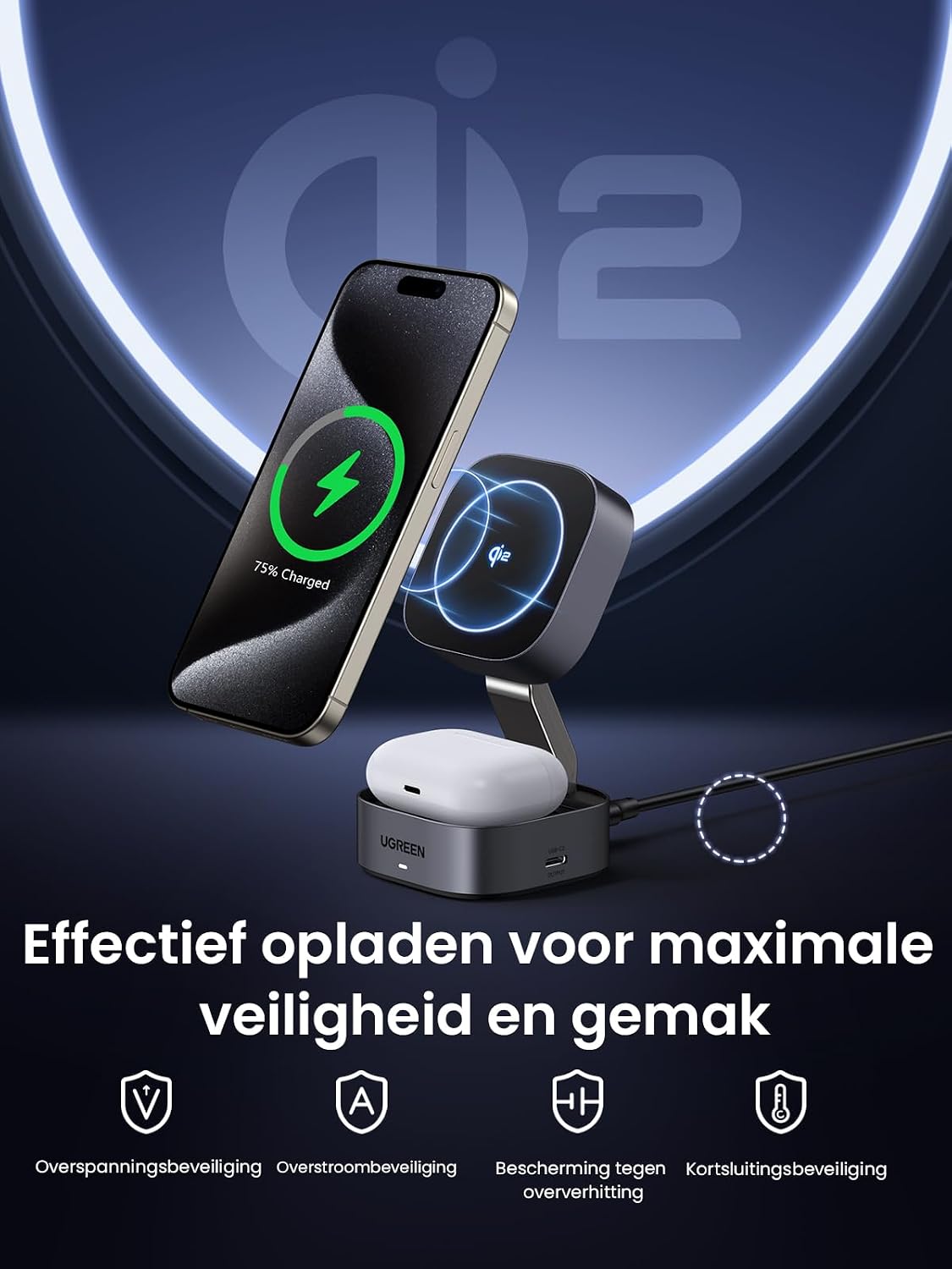 Detalle 2 de UGREEN MagFlow Qi2 15W 2-in-1 opvouwbaar magnetisch laadstation