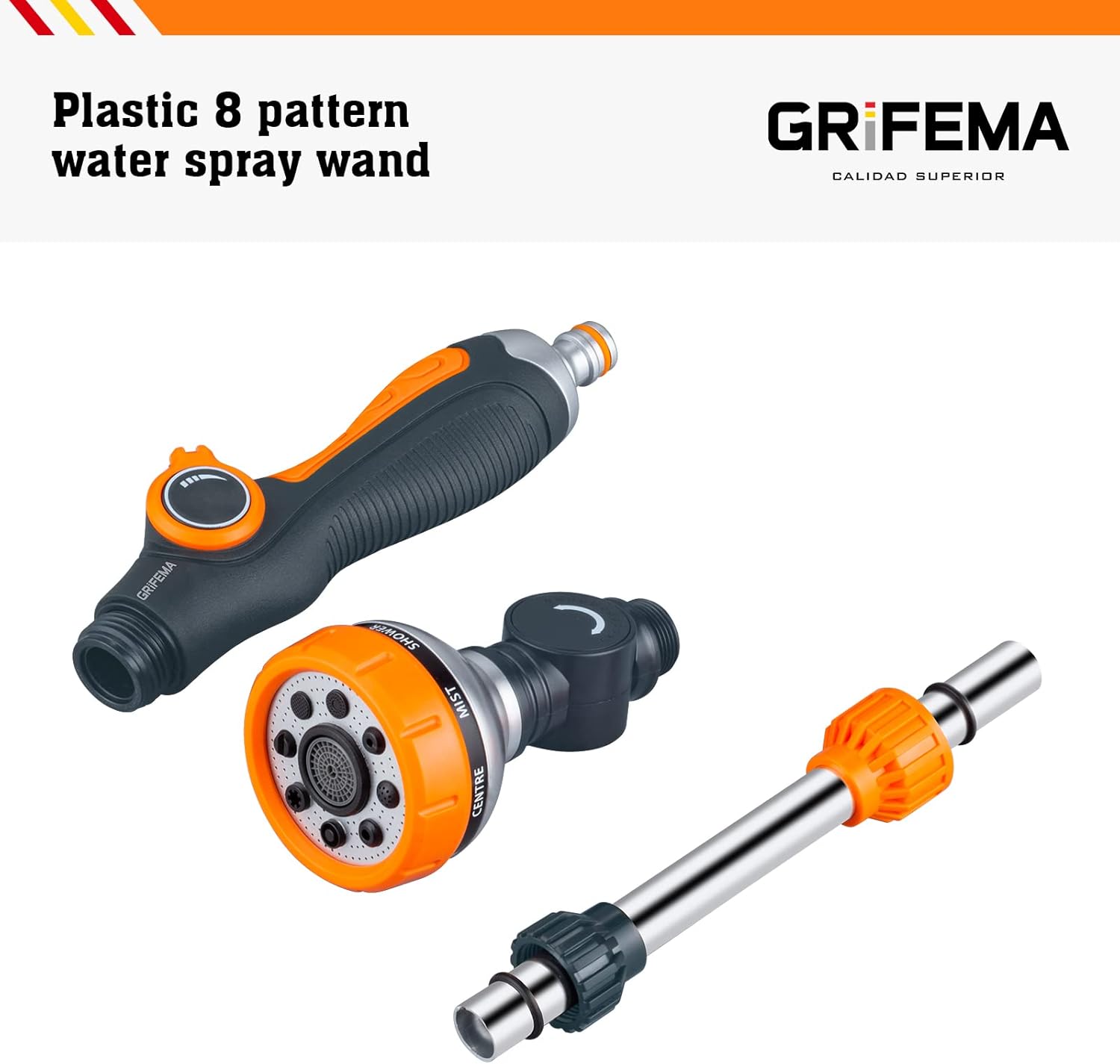 Thumbnail 4 de GRIFEMA Blumenampel-Gießstab mit 8 Sprühbildern – verstellbarer Schlauch-Brausekopf (40,5 cm), Schwarz/Orange