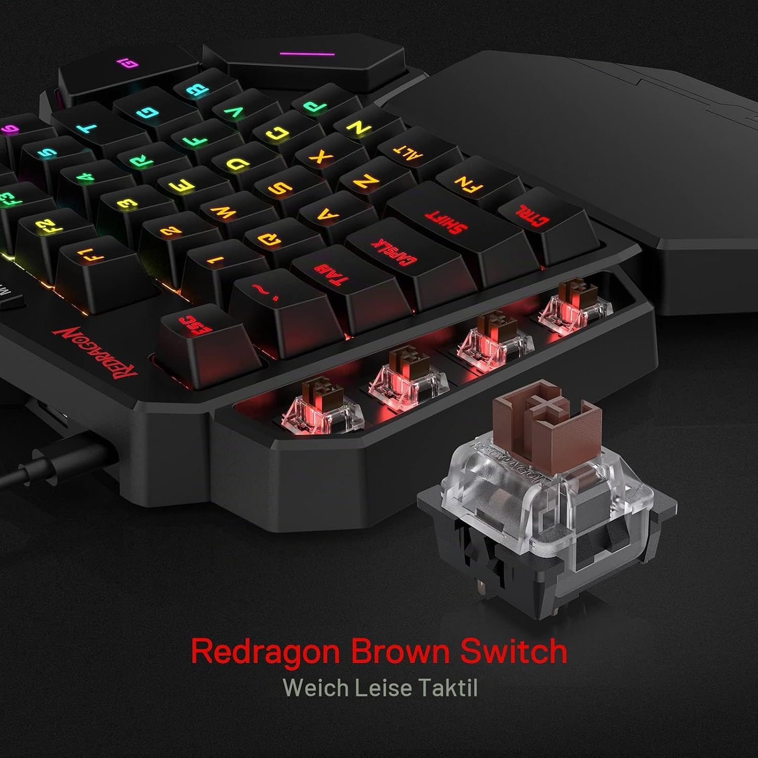 Detalle de Redragon K585 DITI Einhand RGB Mechanische Gaming-Tastatur (Braune Schalter, abnehmbare Handballenauflage, 42 Tasten)