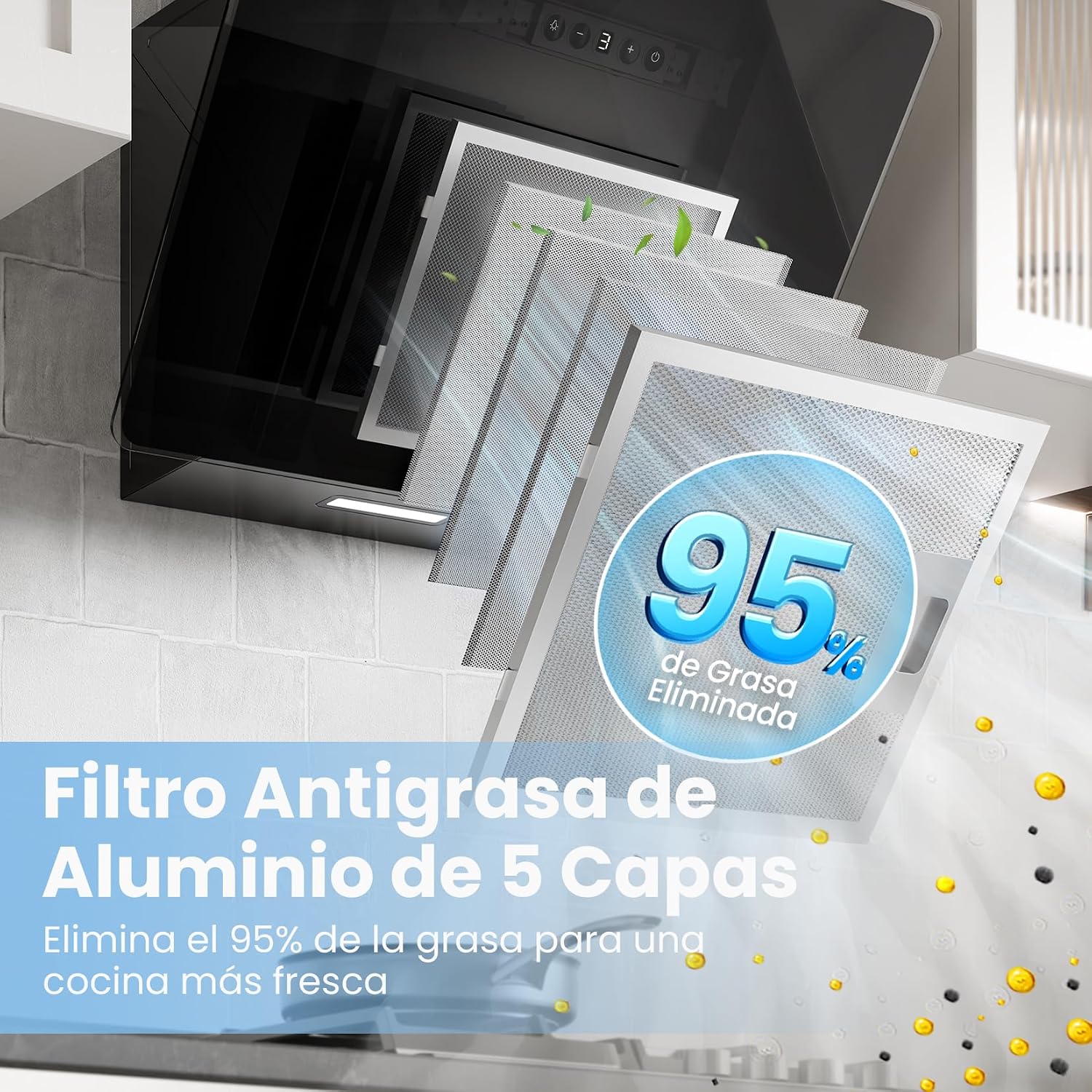 Detalle de COMFEE' ANGJ64B-60 Hotte inclinée 60 cm en Verre Trempé Noir – LED, 3 vitesses, recyclage ou évacuation