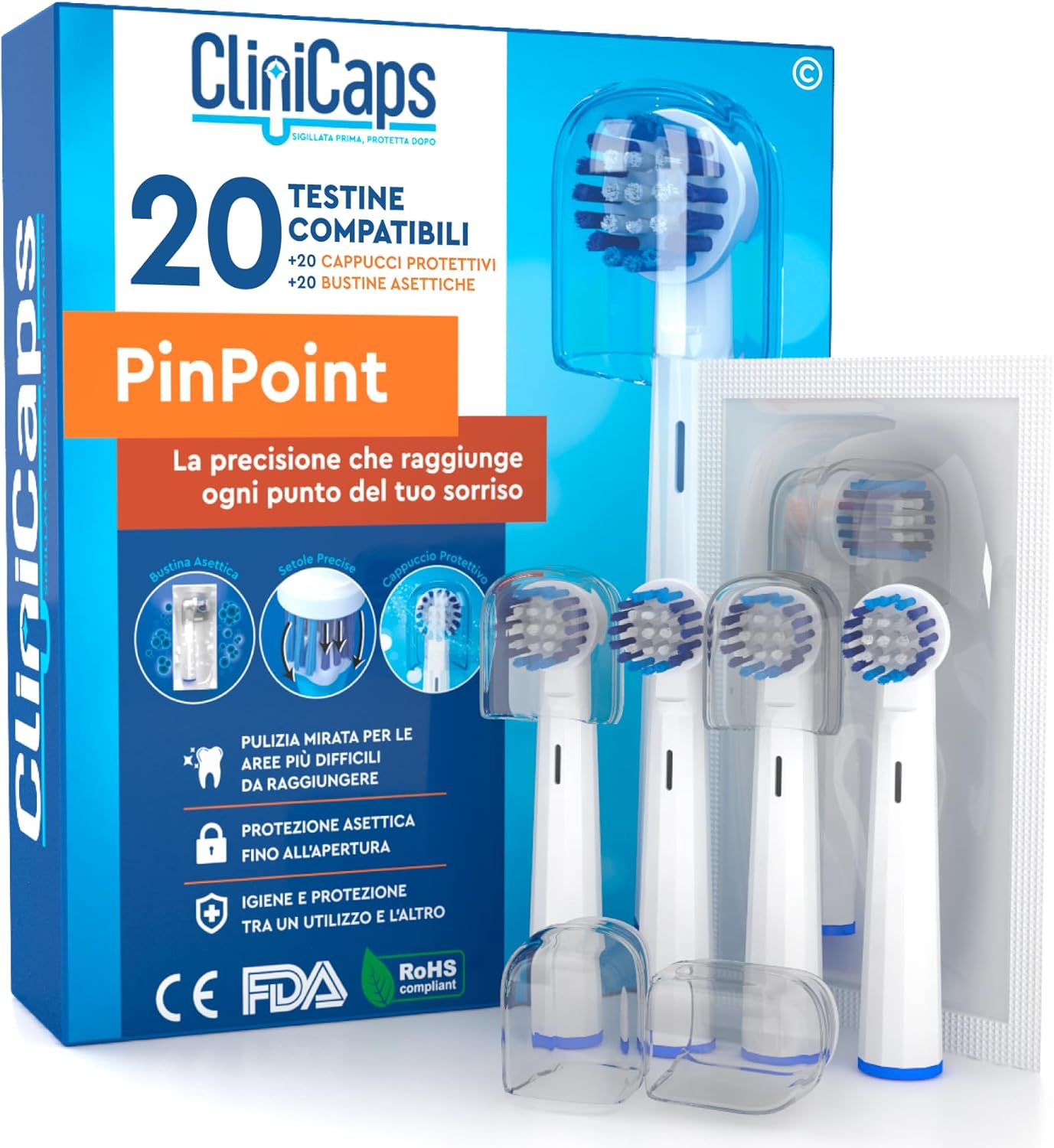 Detalle de 20 Testine Spazzolino Elettrico PinPoint CliniCaps: Ricambio Compatibile con Oral-B, Con Bustina Asettica e Cappuccio Protettivo