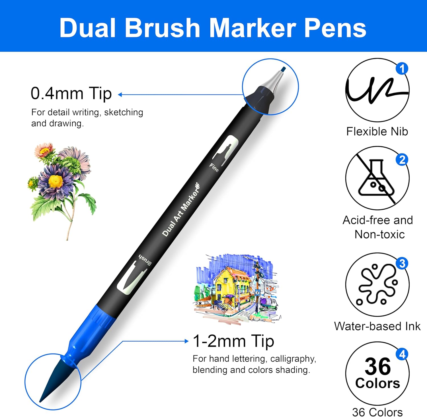 Detalle de Halobios Dual Tip Brush Pens, 36 Colour Colouring Pens – Fine Liner and Brush Markers for Drawing and Calligraphy