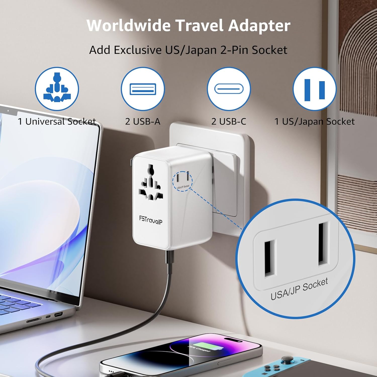Thumbnail 2 de PD100W Universal Travel Adapter – Worldwide travel plug with 2 USB-C PD (up to 100W) and QC USB-A (18W)