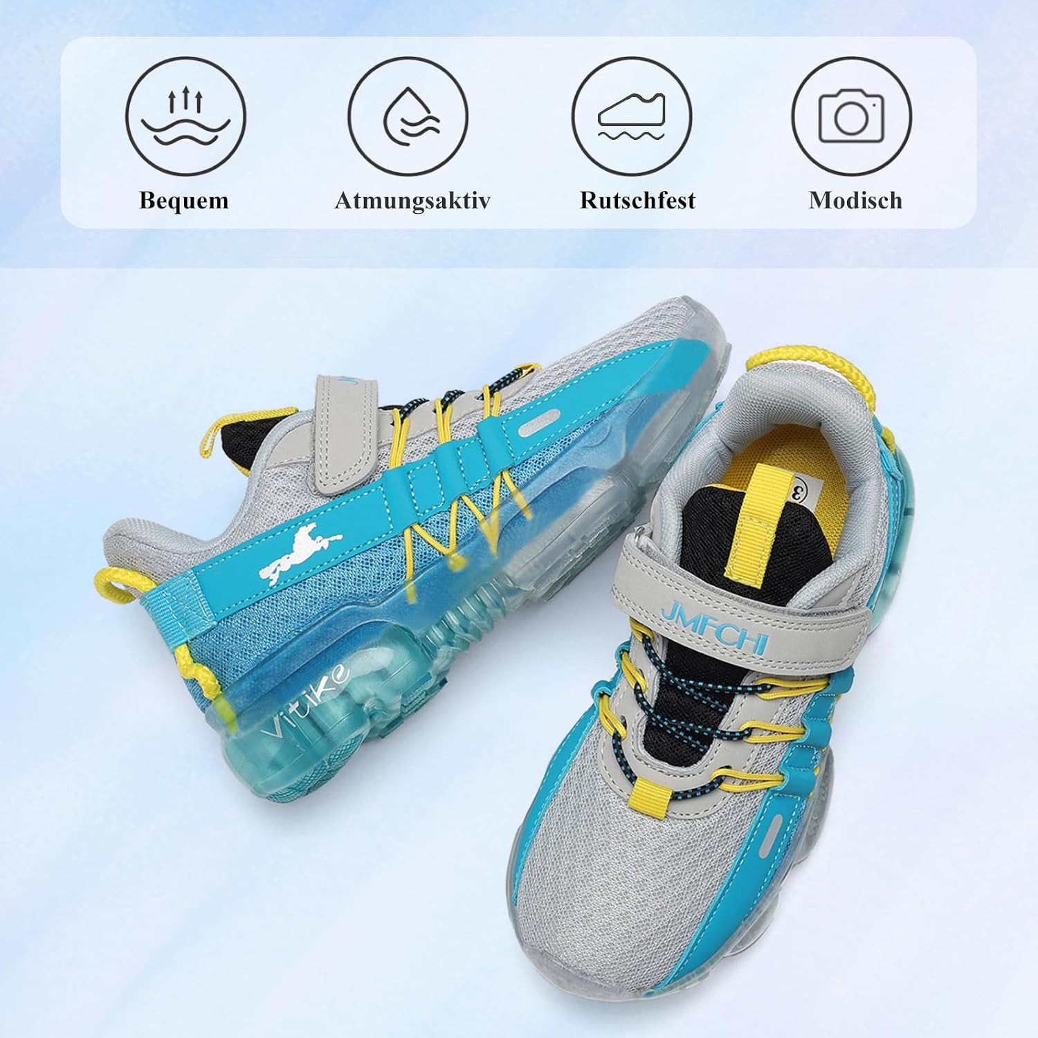 Detalle 2 de JMFCHI Kinder Turnschuhe – Atmungsaktive Sneaker mit Klettverschluss, rutschfeste und stossgedämpfte Sohle