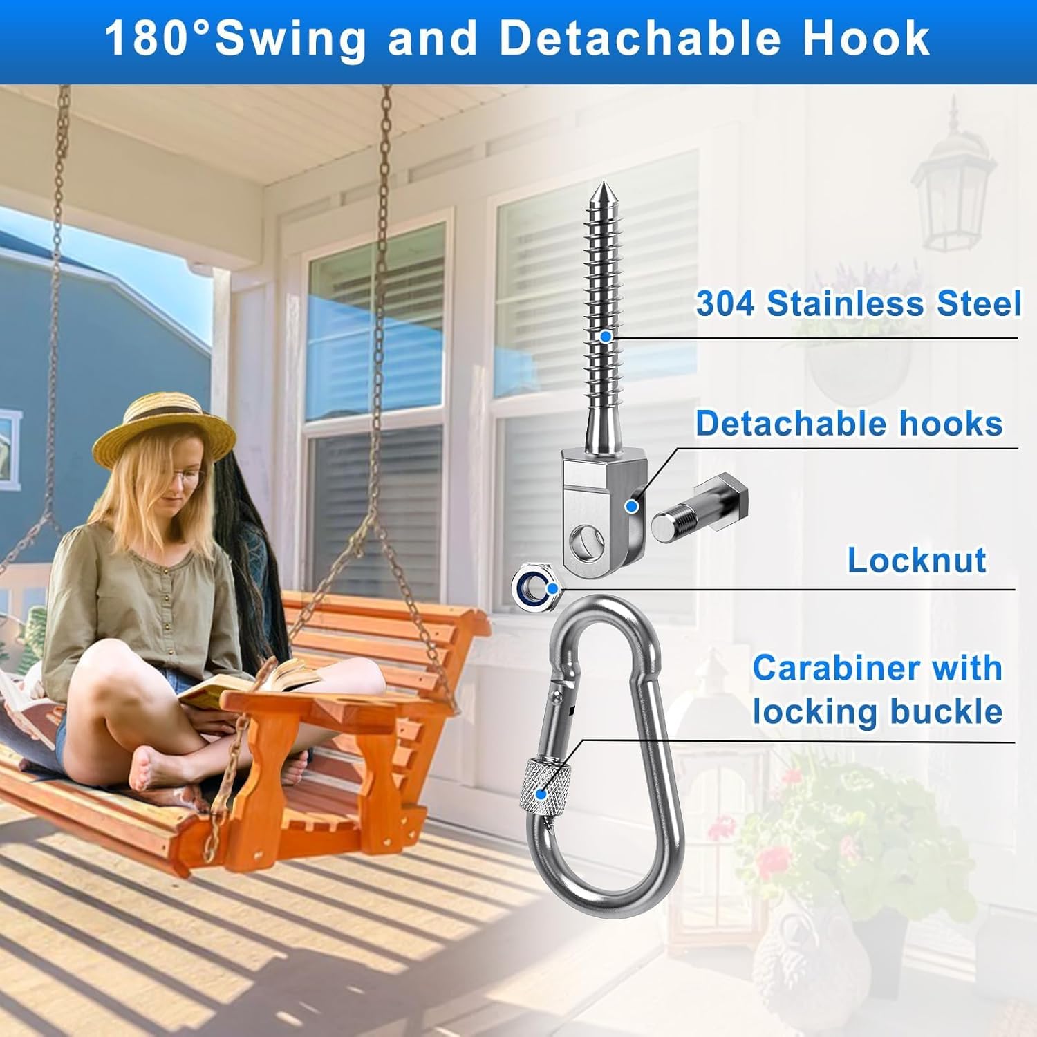 Thumbnail 4 de BeneLabel 4er Schaukelhaken für Holzbalken M10 x 68 mm (inkl. Karabiner, drehbar) – Deckenhalterung für Hängesessel & mehr