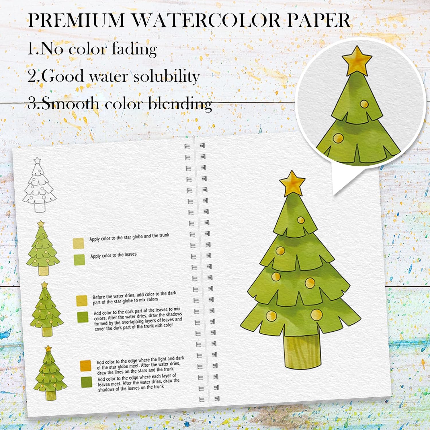 Detalle de ADEVIAN Watercolor Workbook for Beginners, 12 Christmas Projects