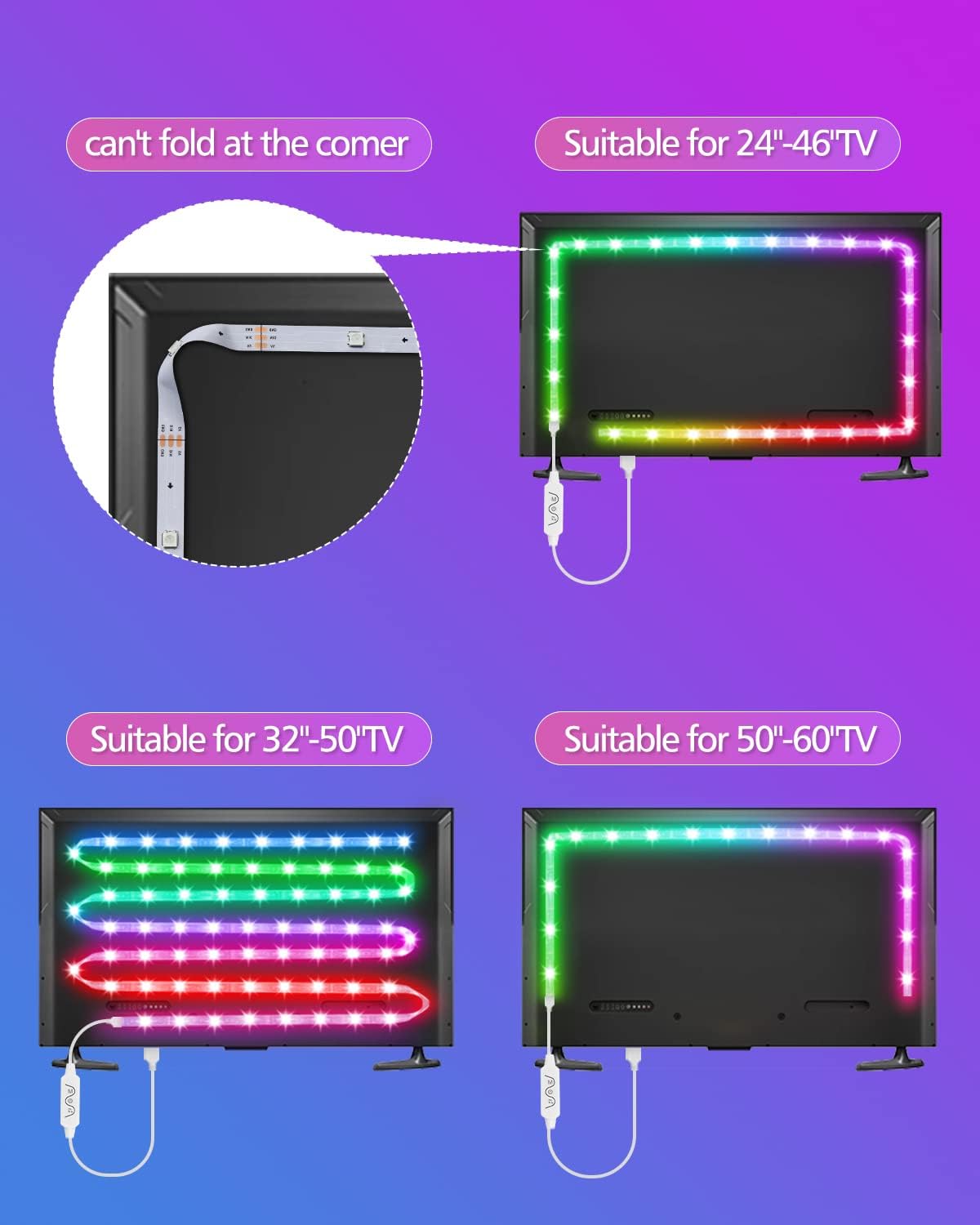 Thumbnail 3 de DAYMEET Retroilluminazione LED 3M USB per TV 32-60 Pollici – Striscia RGBIC con telecomando, Bluetooth e app