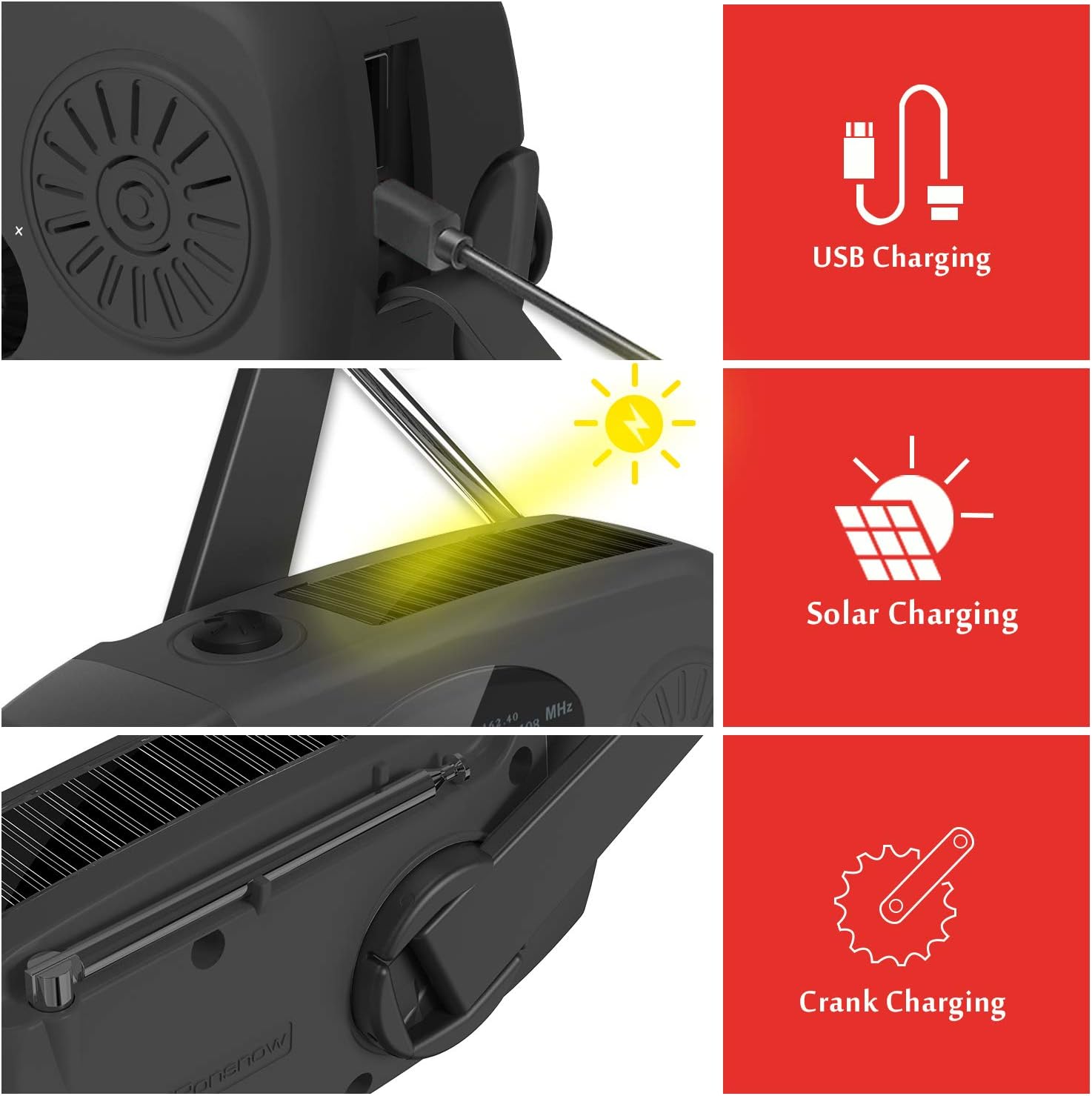 Detalle 2 de iRonsnow 2000mAh wind-up solar emergency crank weather radio (NOAA/FM/AM) with torch & USB-C phone charging