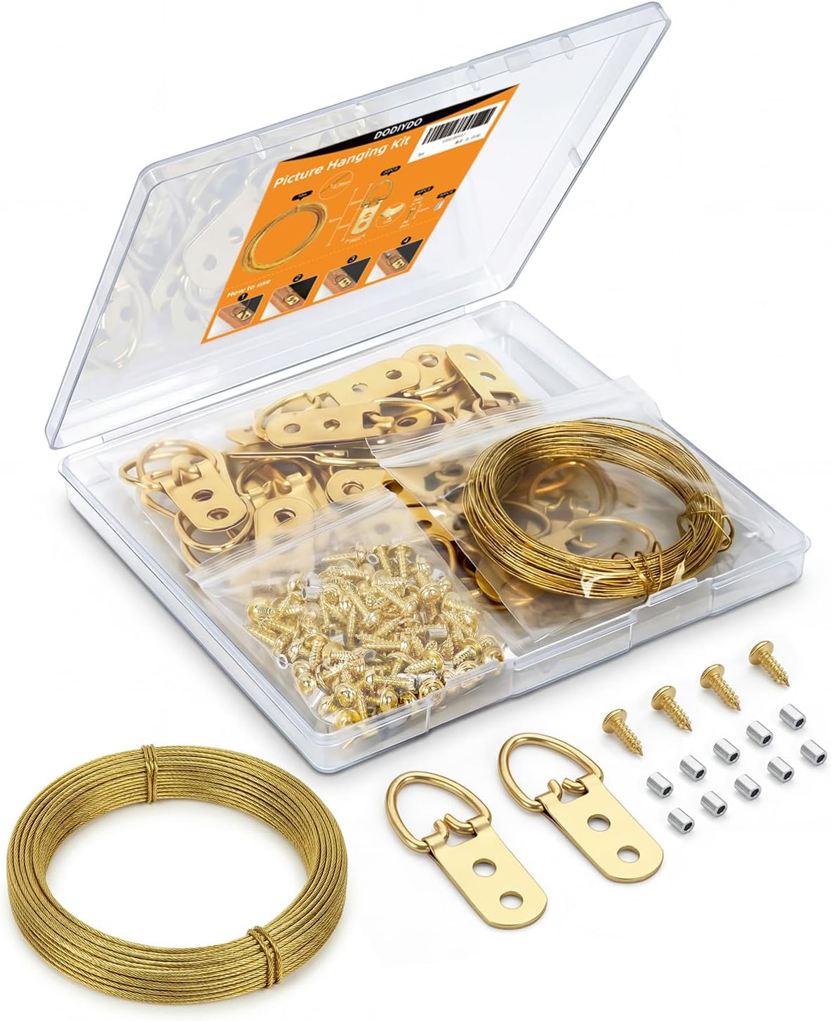 Detalle de 40 Picture Hanging Kit with Wire Screws D-Ring Hangers Golden