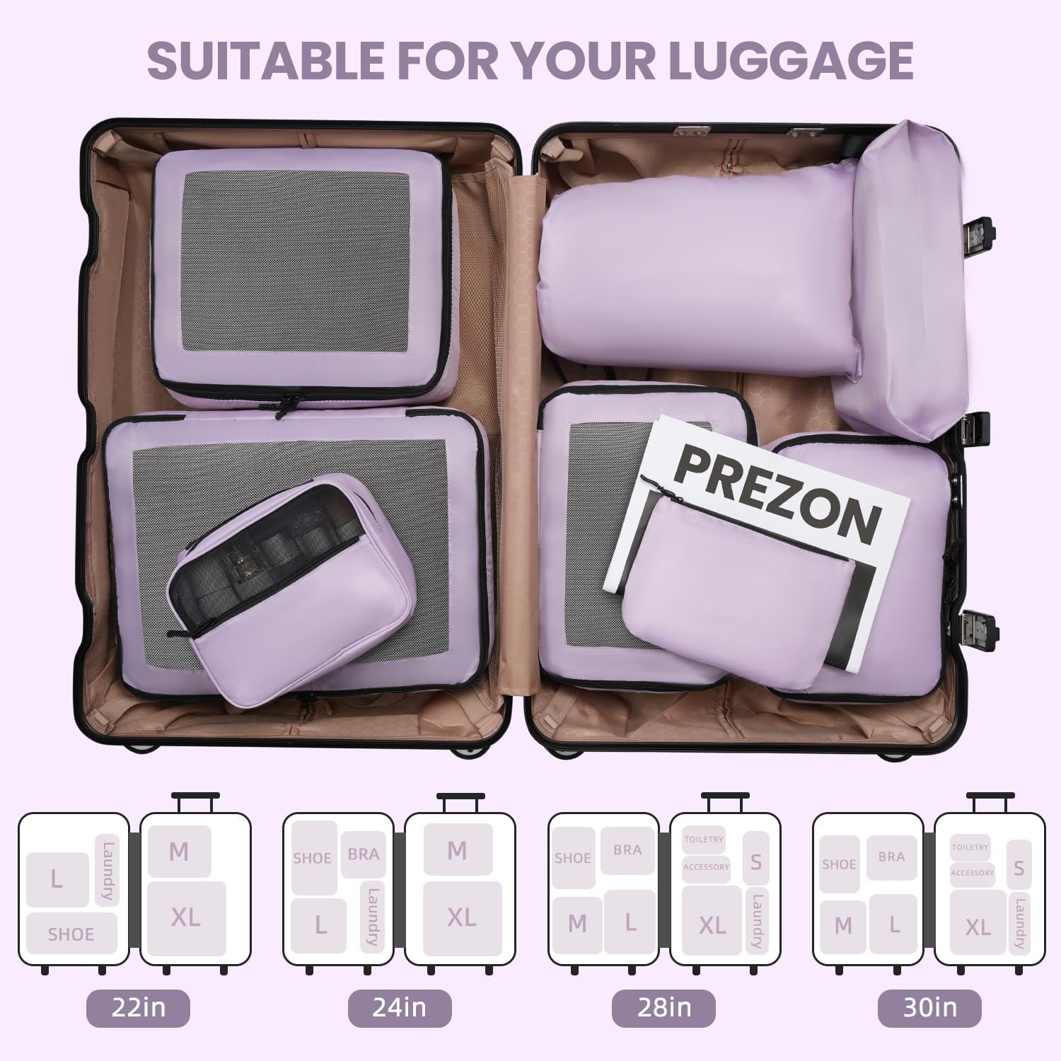 Thumbnail 6 de Prezon 8-Piece Packing Cubes Set (Purple) for Suitcase Travel Organisers