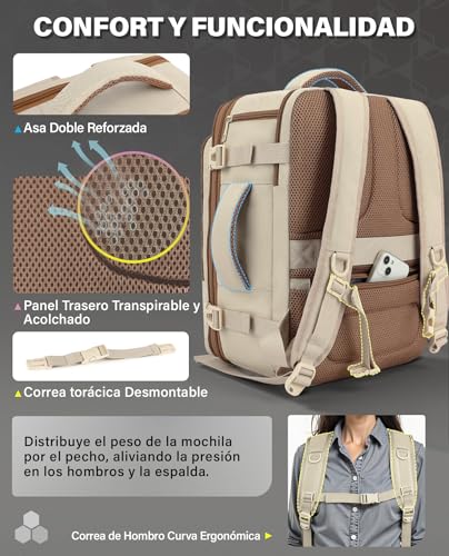 Thumbnail 3 de Mochila VANKEV de Cabina Extensible 24–30 L, 40x30x20/25 cm, para Vueling, Ryanair, EasyJet y otras aerolíneas, color beige