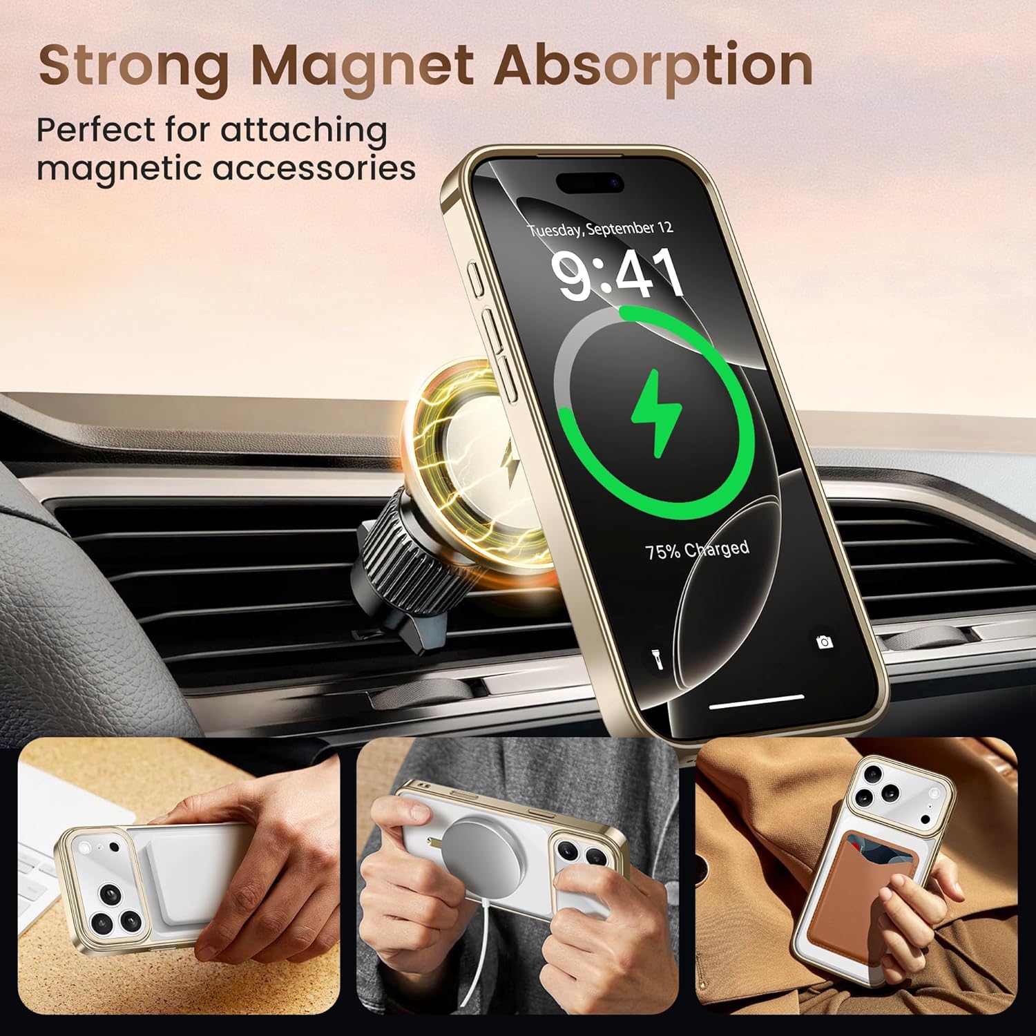 Detalle 2 de GolbinBox for iPhone 17 Pro Case with Stand (MagSafe) and Camera Control, Gold/Clear