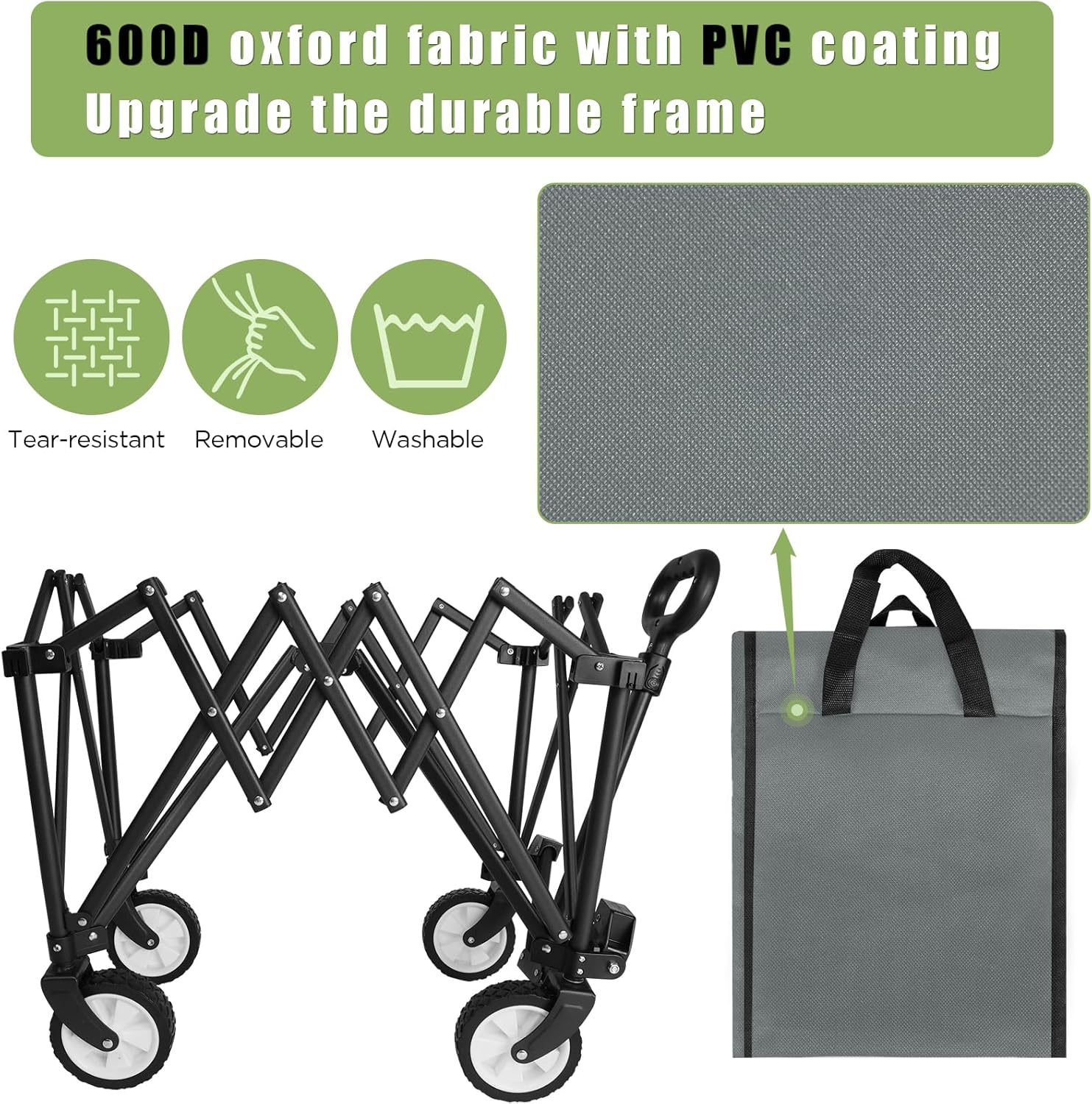 Thumbnail 4 de HOFTME Folding Trolley with Wheels (100L) – all-terrain folding wagon with adjustable handle and cover bag, grey