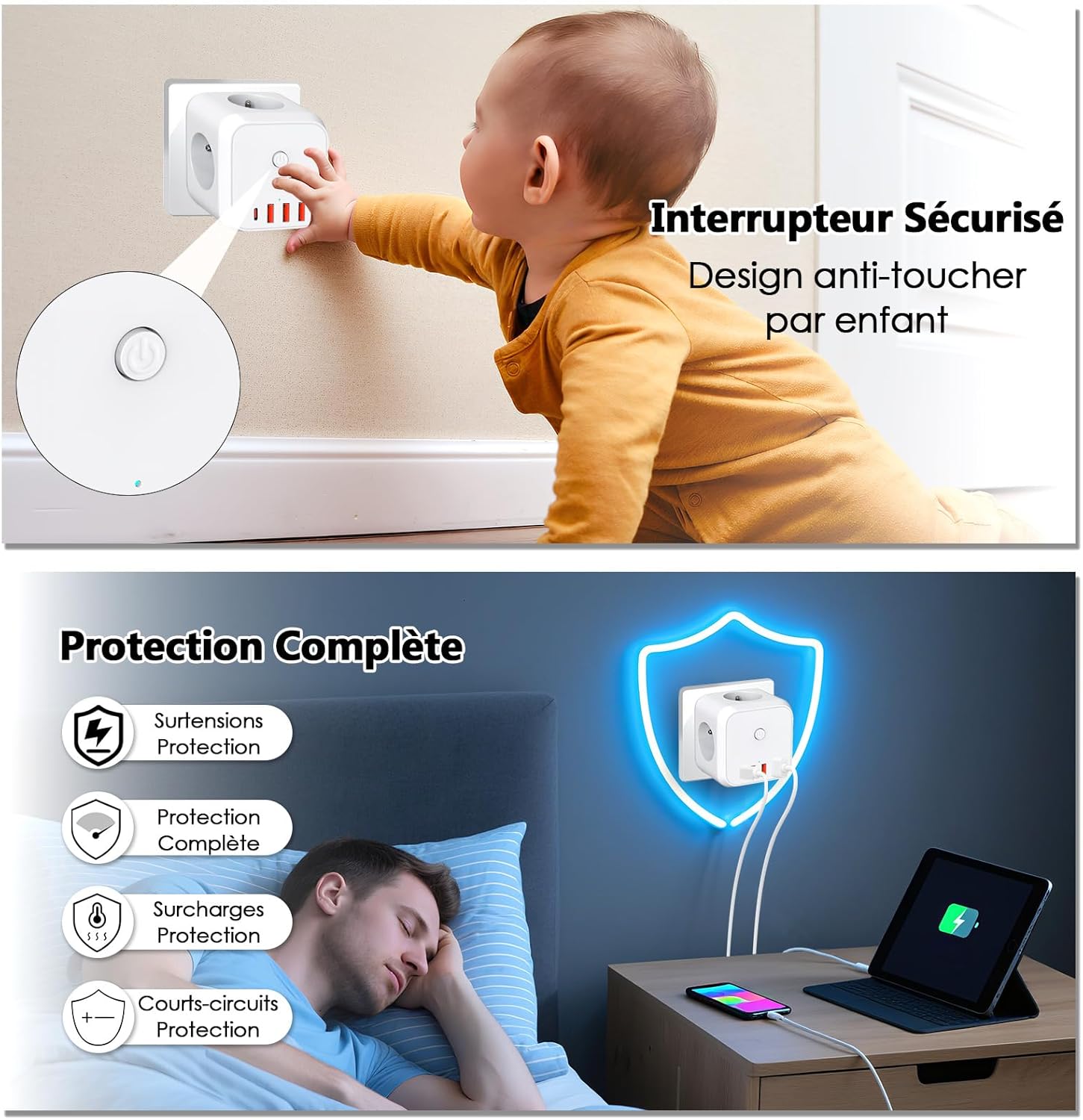 Detalle 2 de Multiprise Murale 7 en 1 – Prise Secteur avec 3 Prises Française et 4 ports USB (USB-C + USB-A) – Cube mural compact