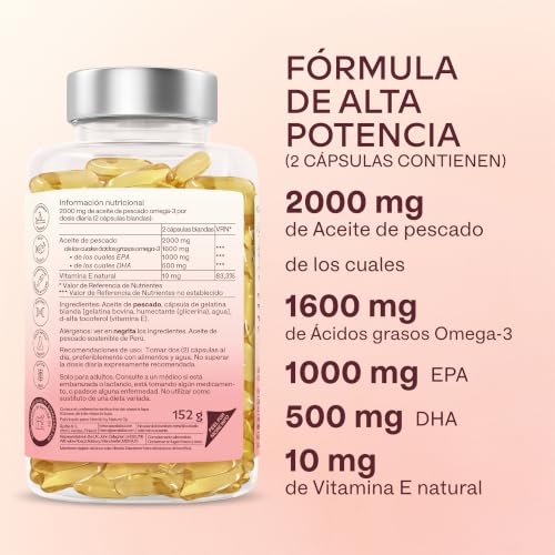 Detalle de Omega 3 2000 mg por dosis diaria de AAVALABS: 1000 mg EPA + 500 mg DHA en 2 cápsulas