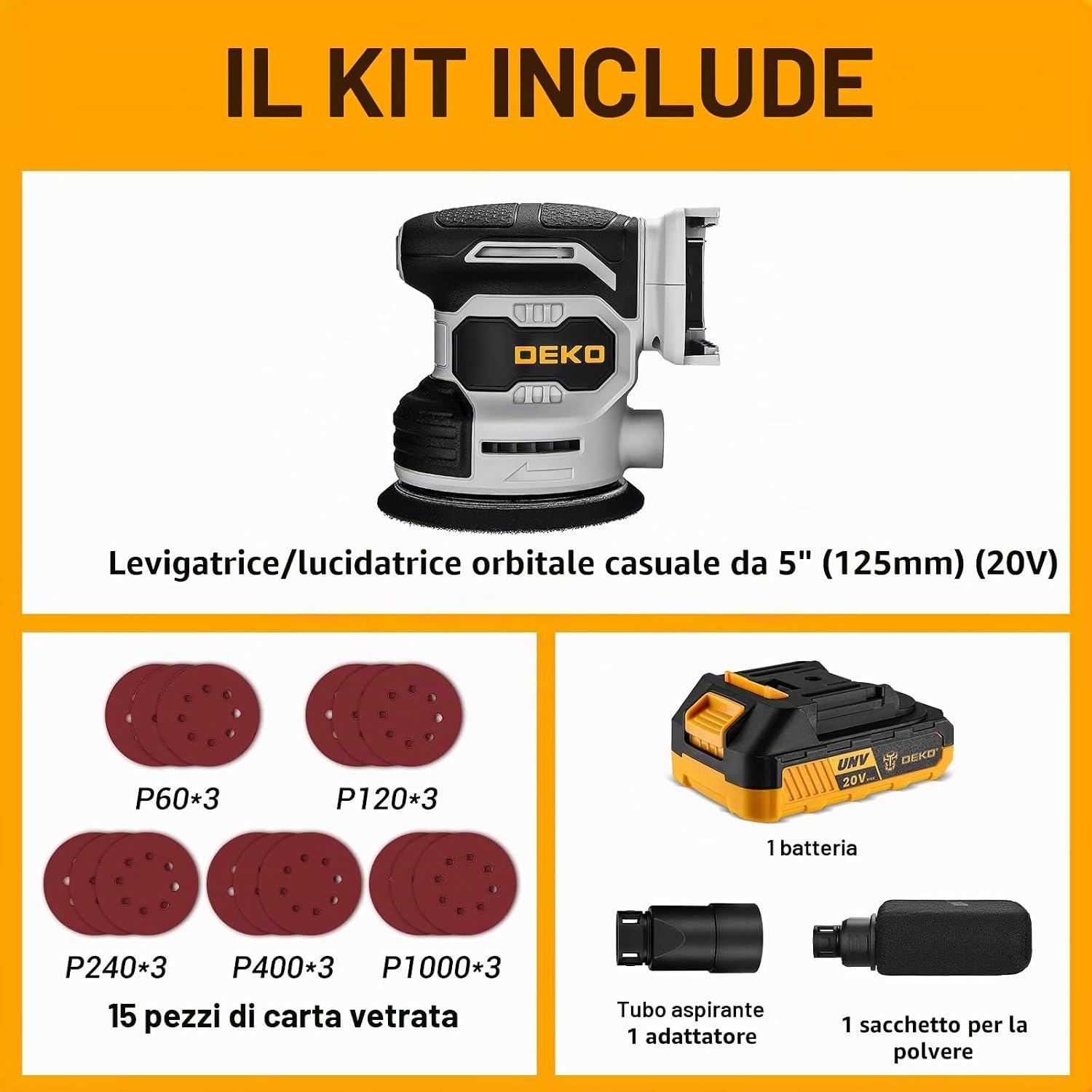 Thumbnail 5 de DEKOPRO Levigatrice Orbitale a Batteria 125 mm con 15 Fogli e Accessori