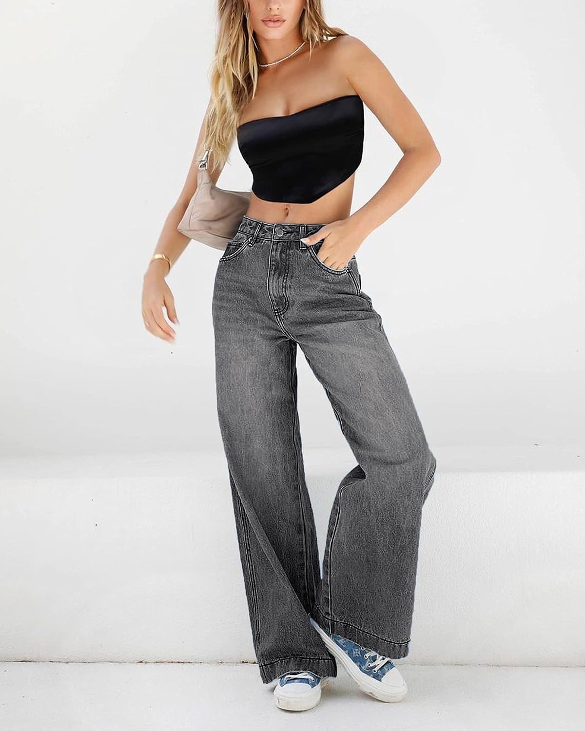 Detalle de EMMIOL Weite Leg Straight Jeans Damen im Used-Look mit verstellbarem Bund