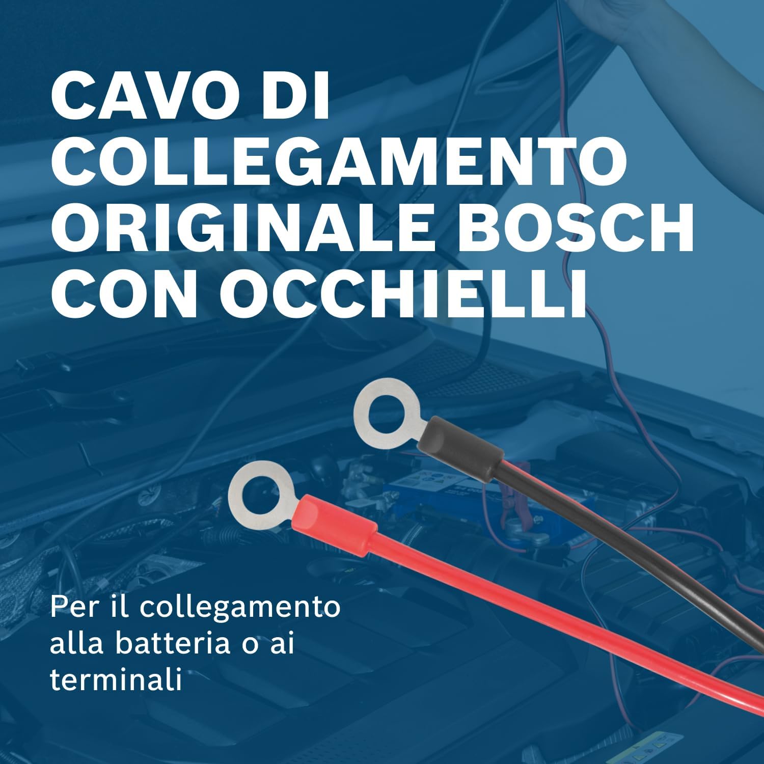 Detalle 2 de Cavo di Collegamento Bosch per Caricabatterie – 52 cm, occhielli M6, fusibile 40 A – Ricambi Originali 0189999280