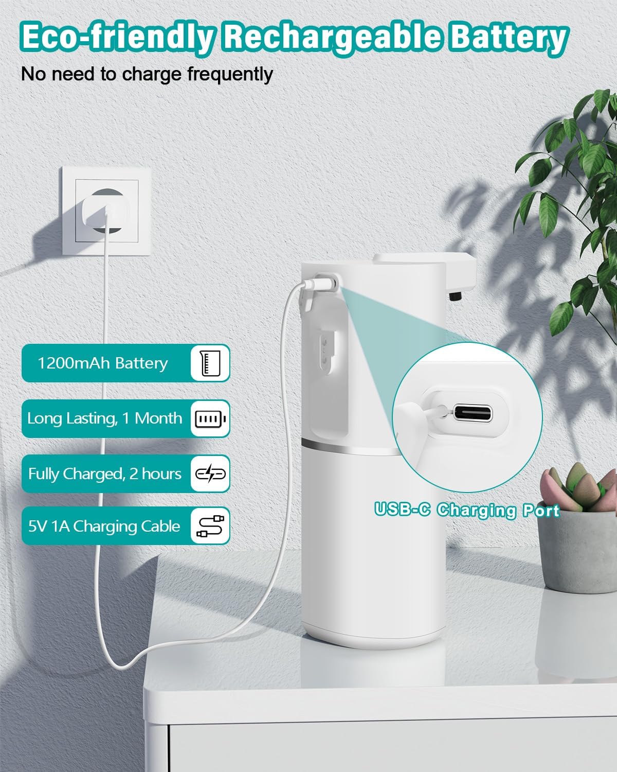 Thumbnail 2 de Dalugo Automatic Soap Dispenser, 380mL – Wall Mounted, IPX5, USB rechargeable with 4 dispensing levels
