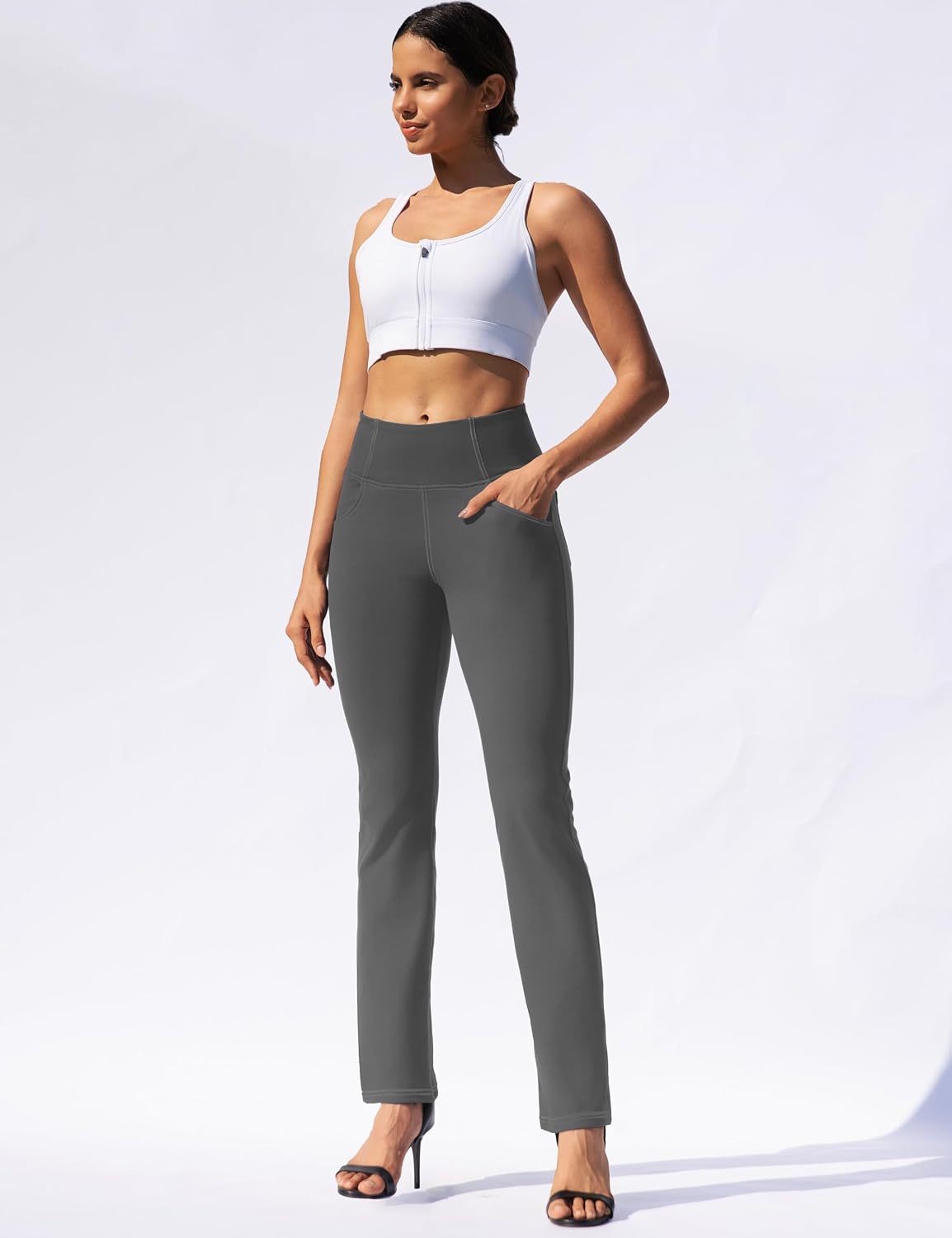 Detalle de VOOVEEYA Women's High-Waisted Straight-Leg Yoga Leggings with Deep Pockets