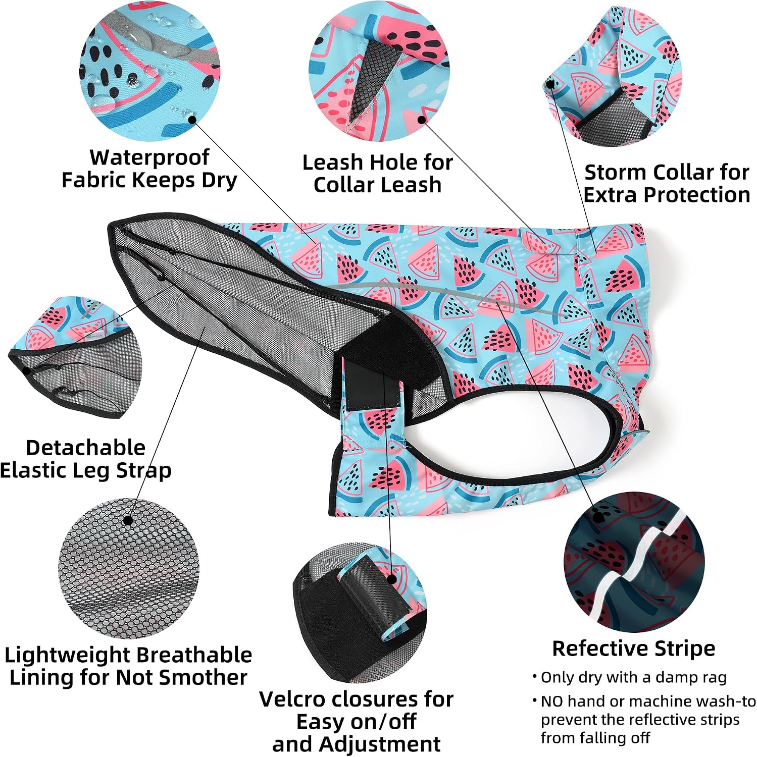 Detalle 2 de Mile High Life Dog Raincoat – Adjustable Waterproof Pet Jacket with Reflective Strip (Light Blue Watermelon, X-small)