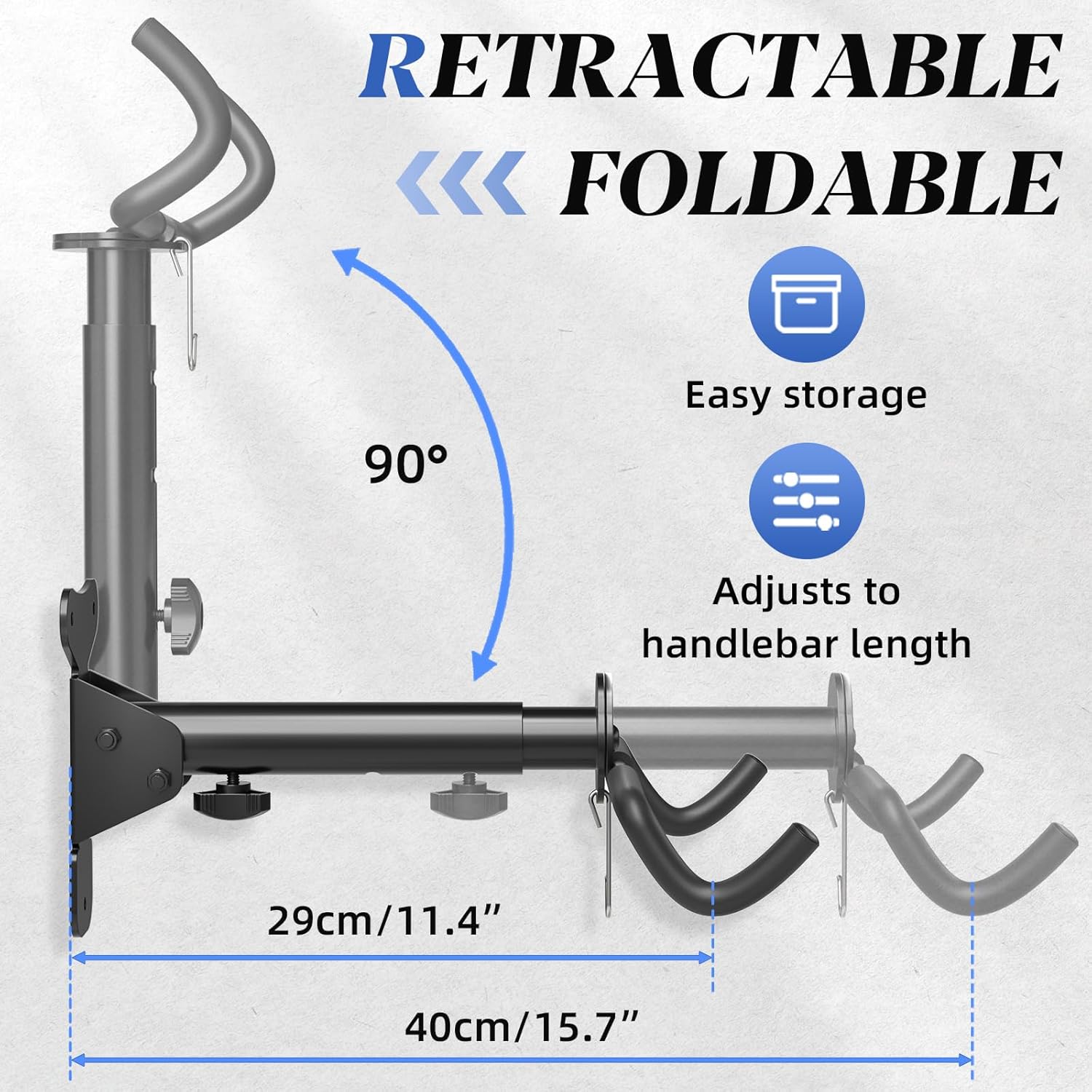 Detalle de WELDUN Bike Wall Mount with Foldable Rack & Helmet Hook – Adjustable 21–30 cm Storage for Up to 30 kg