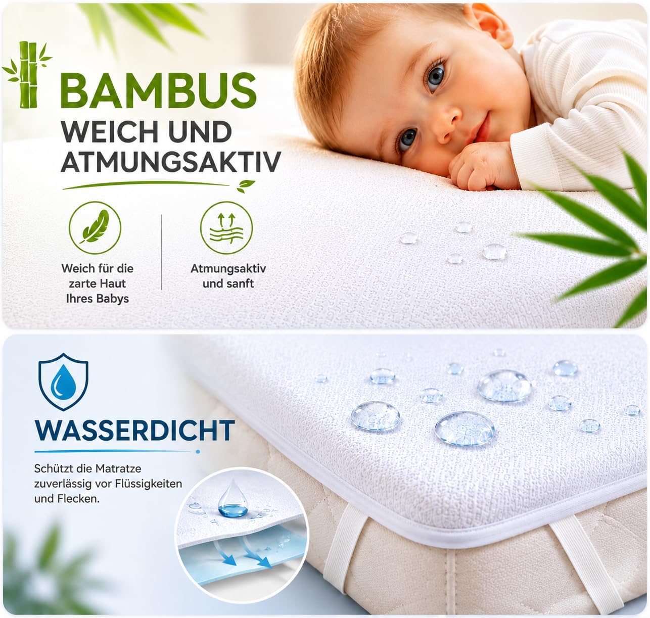 Detalle de Flyideas wasserdichter Matratzenschoner fürs Babybett 80x160 cm (2er-Set) mit Bambus-Zertifizierung