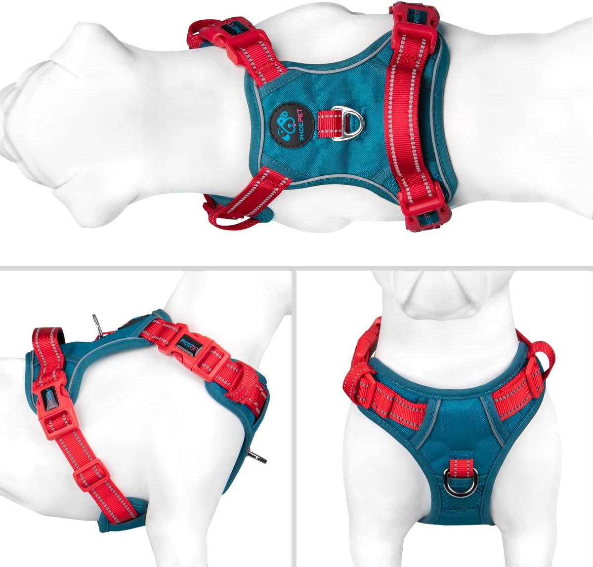 Thumbnail 1 de PHOEPET Dog Harness No Pull – Escape Proof Adjustable Vest (Teal Base, Red Straps, Size S)