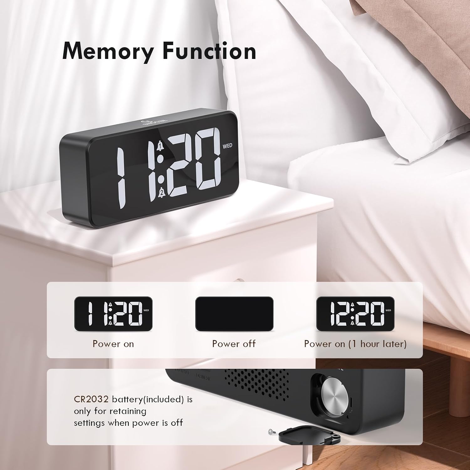 Thumbnail 5 de CHEREEKI mains powered bedside alarm clock with large LED display, dual alarms and USB charging