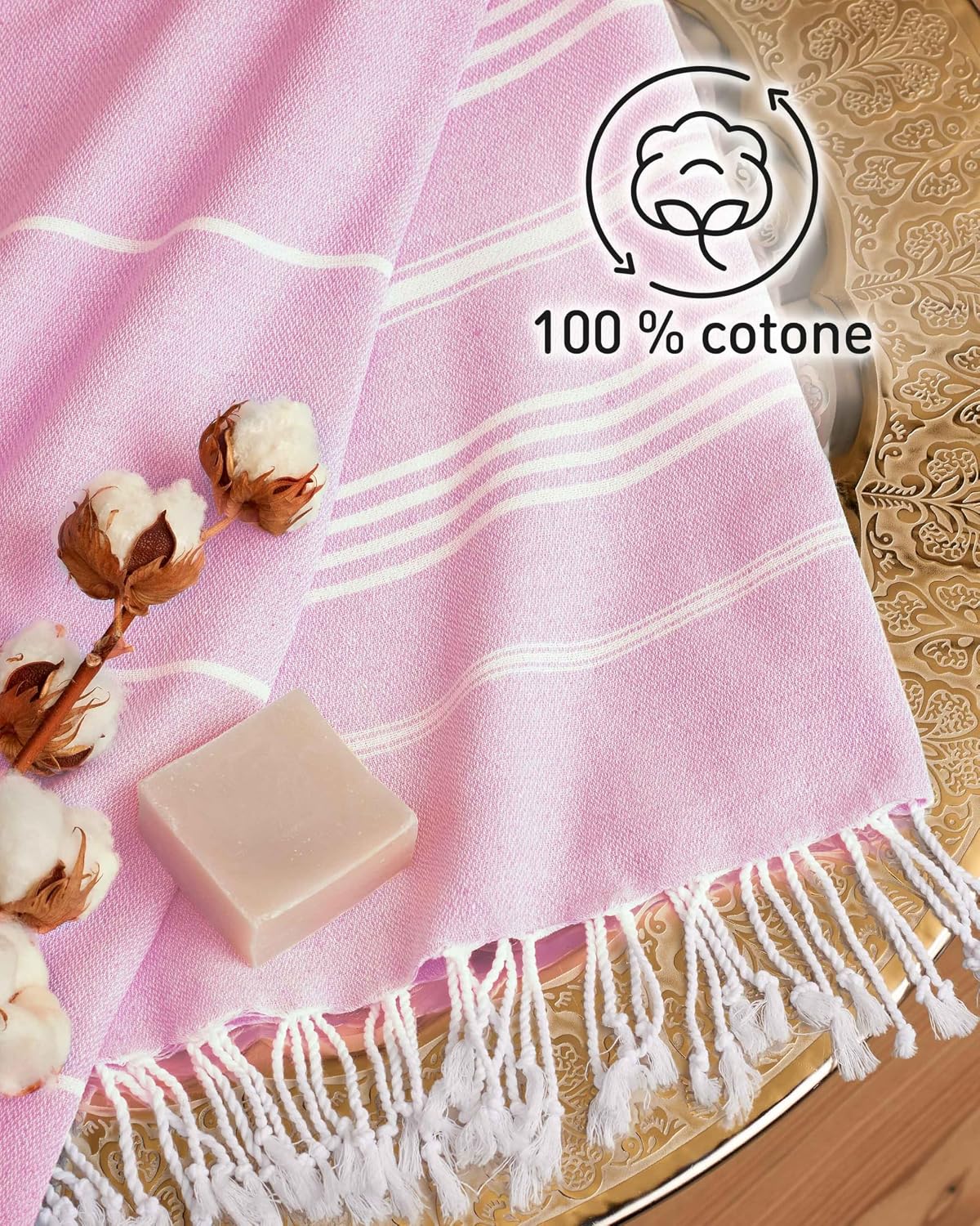 Detalle de Fit-Flip Telo hammam – 100% cotone, 100x200 cm, rosa – fouta XXL per mare, sauna e doccia