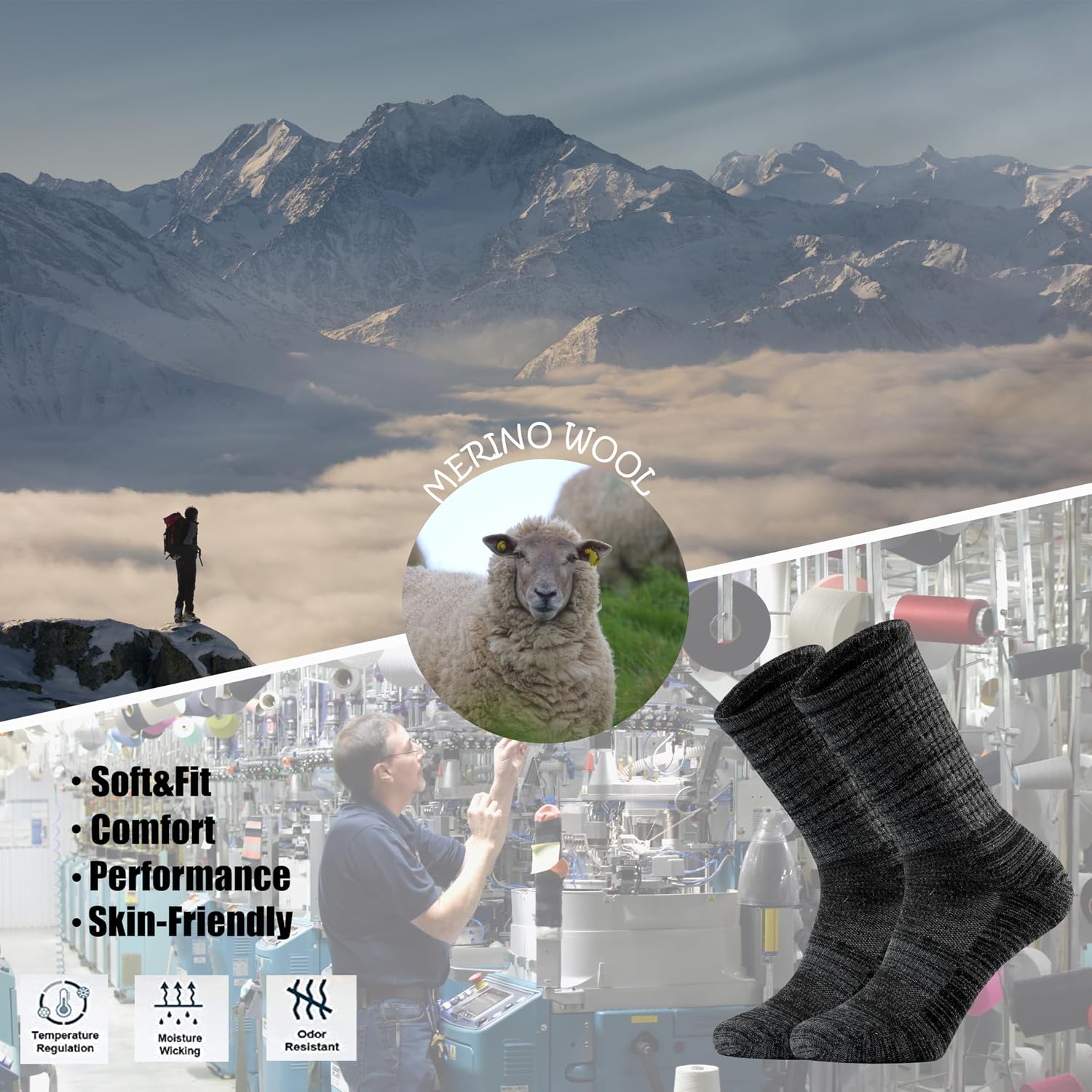 Detalle 2 de Ortis Men’s Extra-Fine Merino Wool Cushioned Crew Socks (Light Moisture Control) for Hiking & Outdoor Work