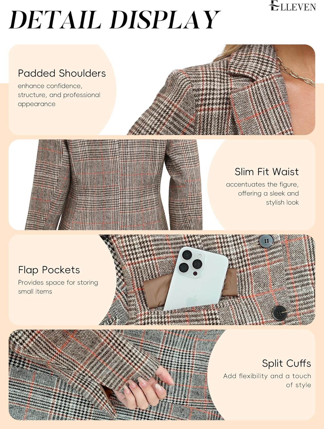 Thumbnail 4 de ELLEVEN Women's Lapel Plaid Boyfriend Blazer 2️⃣