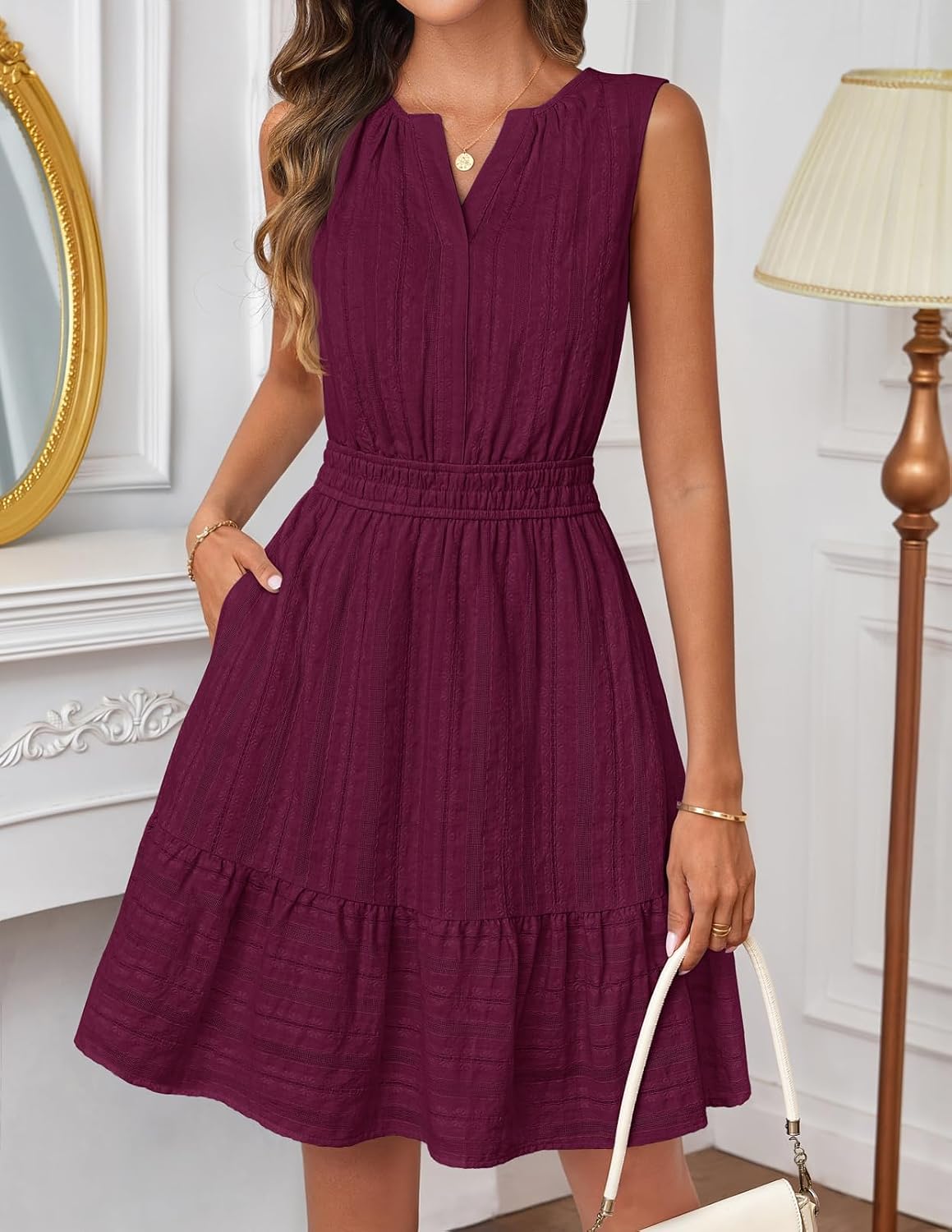 Thumbnail 5 de MEROKEETY Women’s 2026 Summer Casual Mini Sundress with Pockets (Cotton Linen, V-Neck, Elastic Waist)