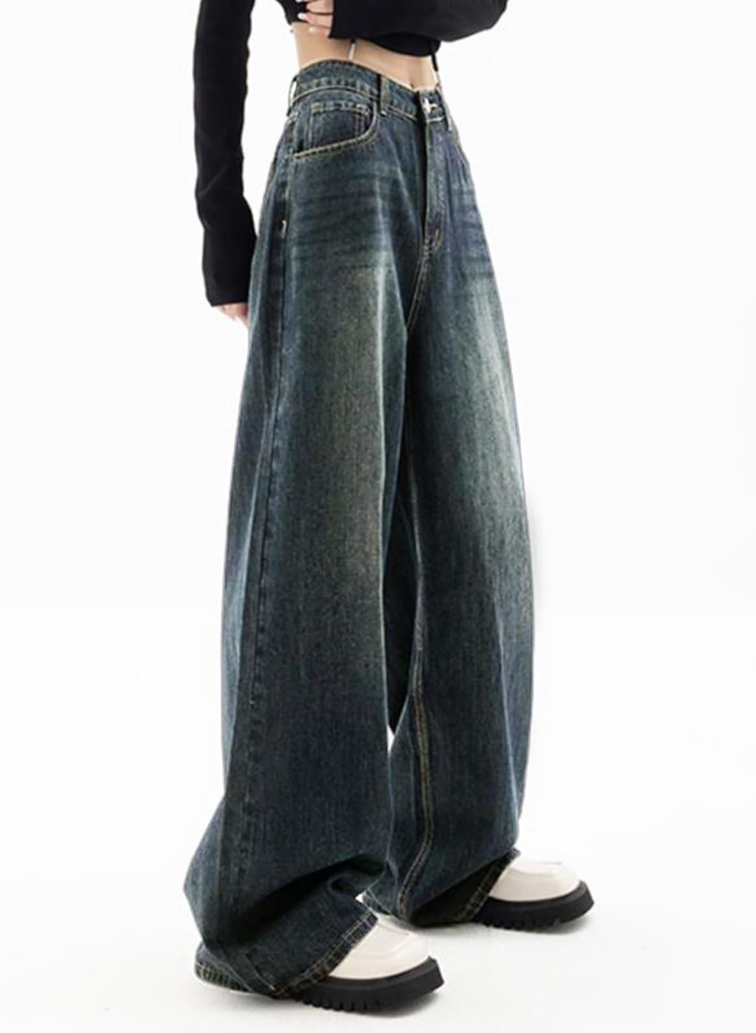 Thumbnail 4 de EMMIOL Women Baggy Jeans (Mid-Low Waist) Wide-Leg Vintage Denim Pants with Zipper Fly